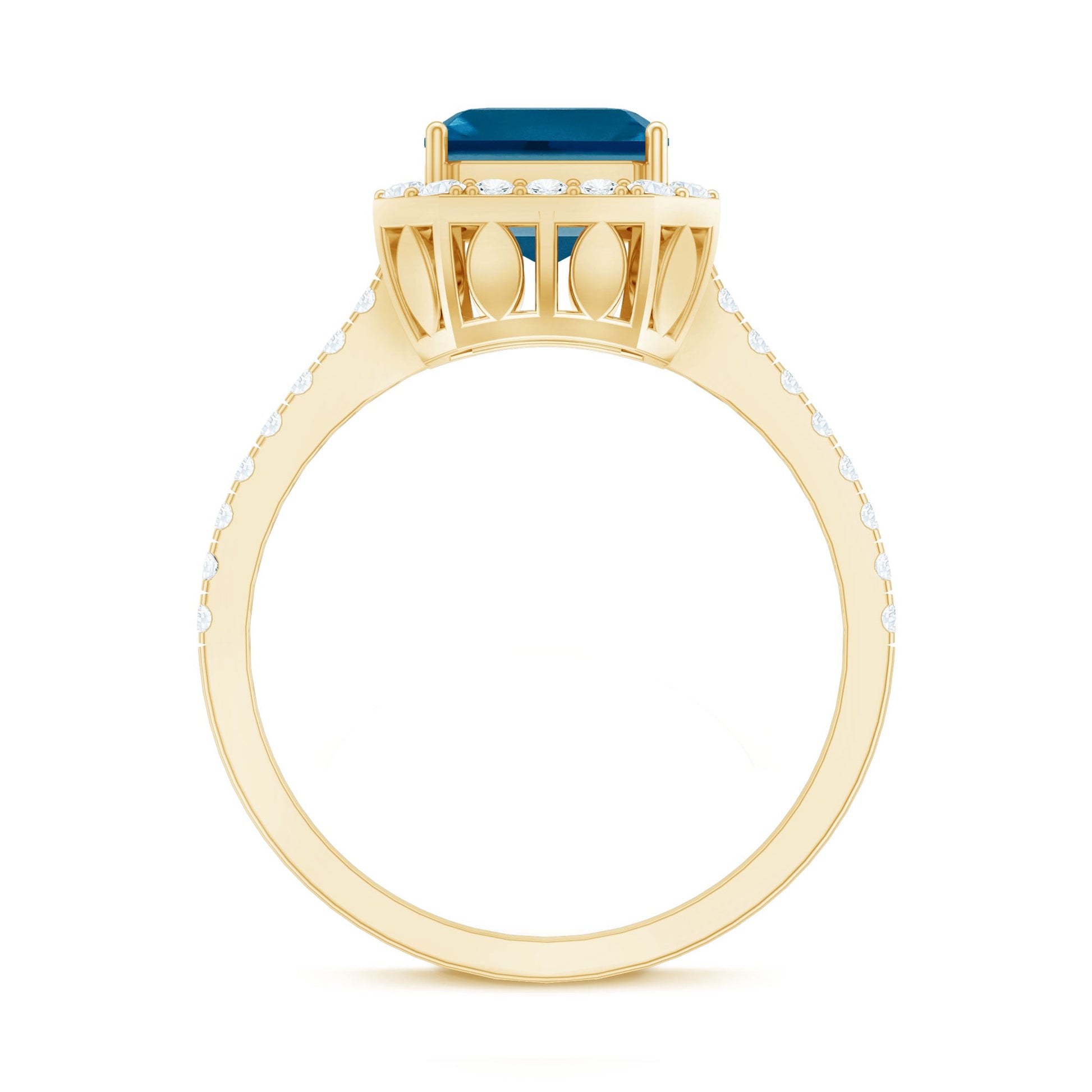 Gold ring with a blue gemstone and small diamonds on a white background