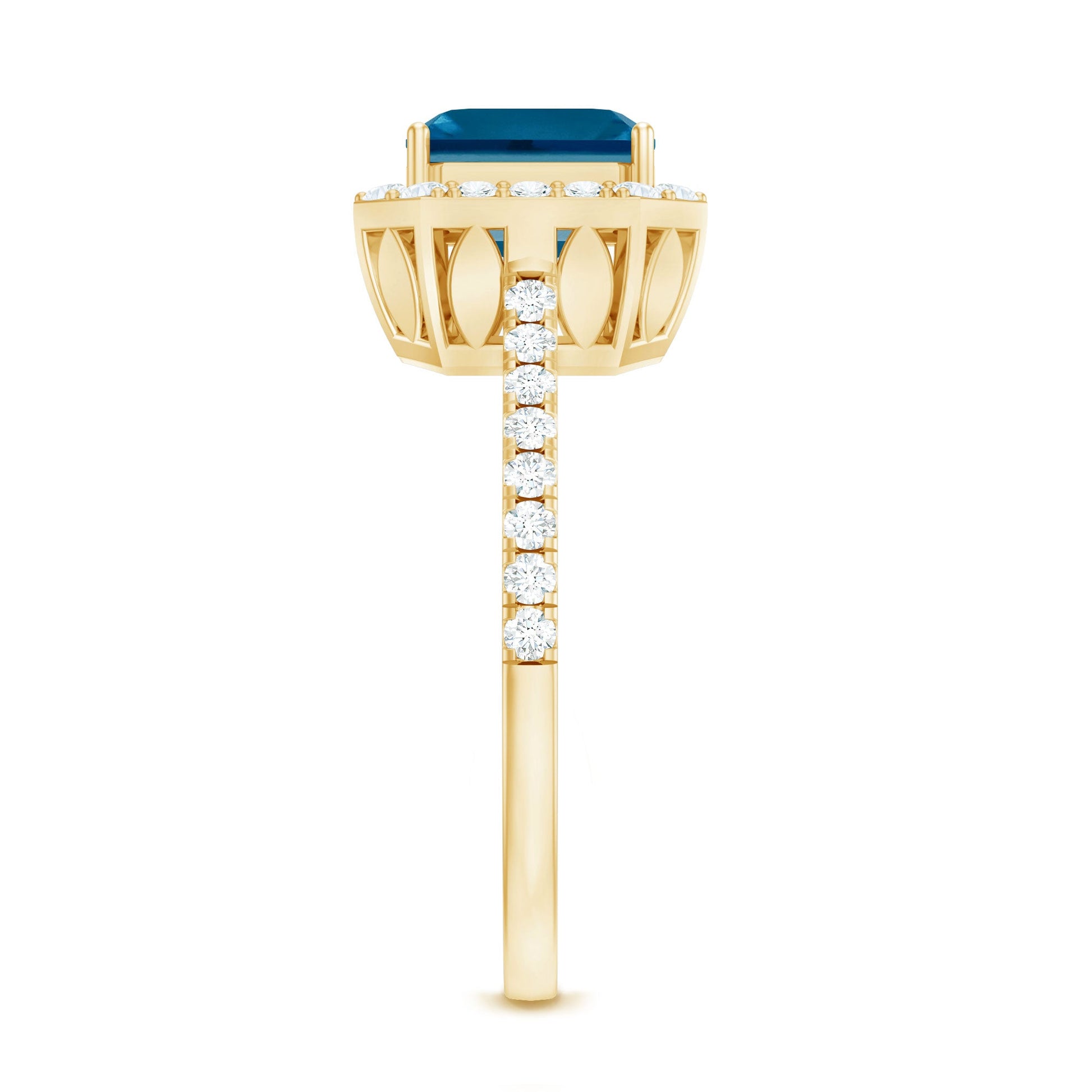 Gold ring with a blue gemstone and diamond-studded band on a white background