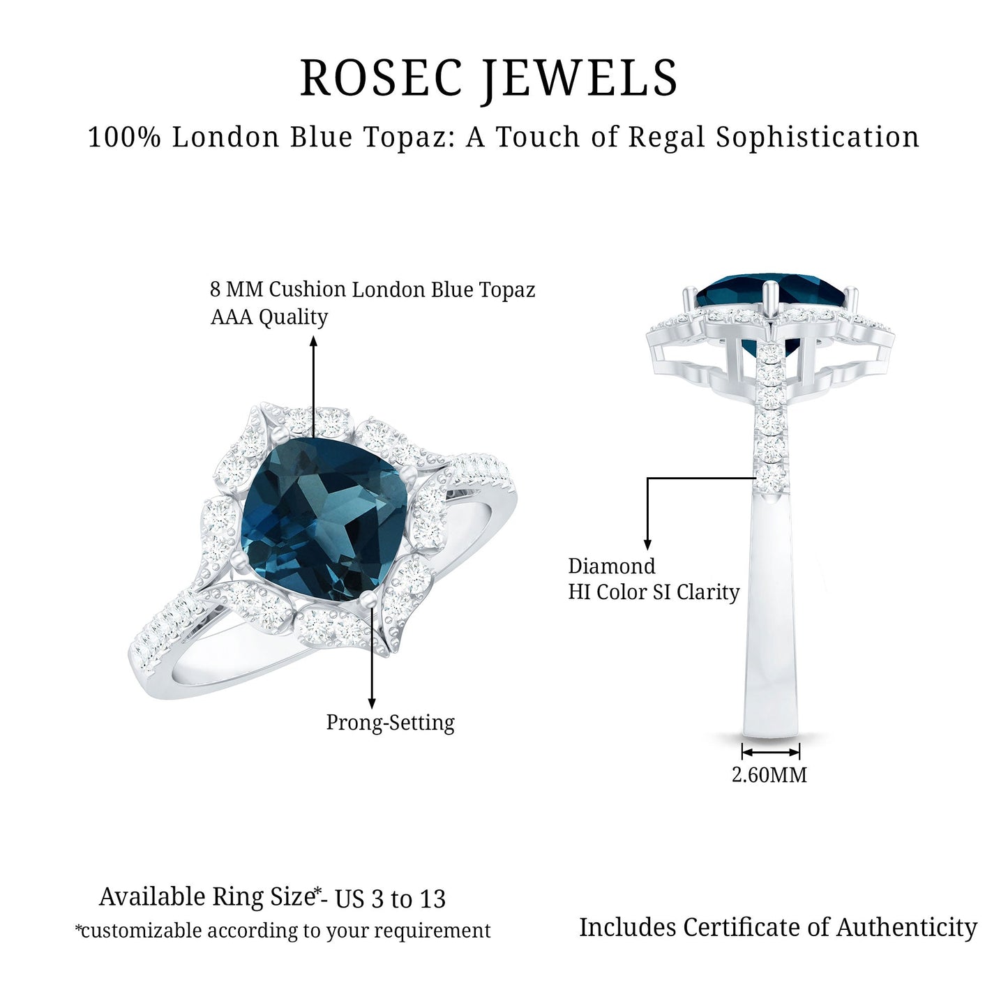 8mm Cushion Cut London Blue Topaz Nature Engagement Ring with Diamond Halo