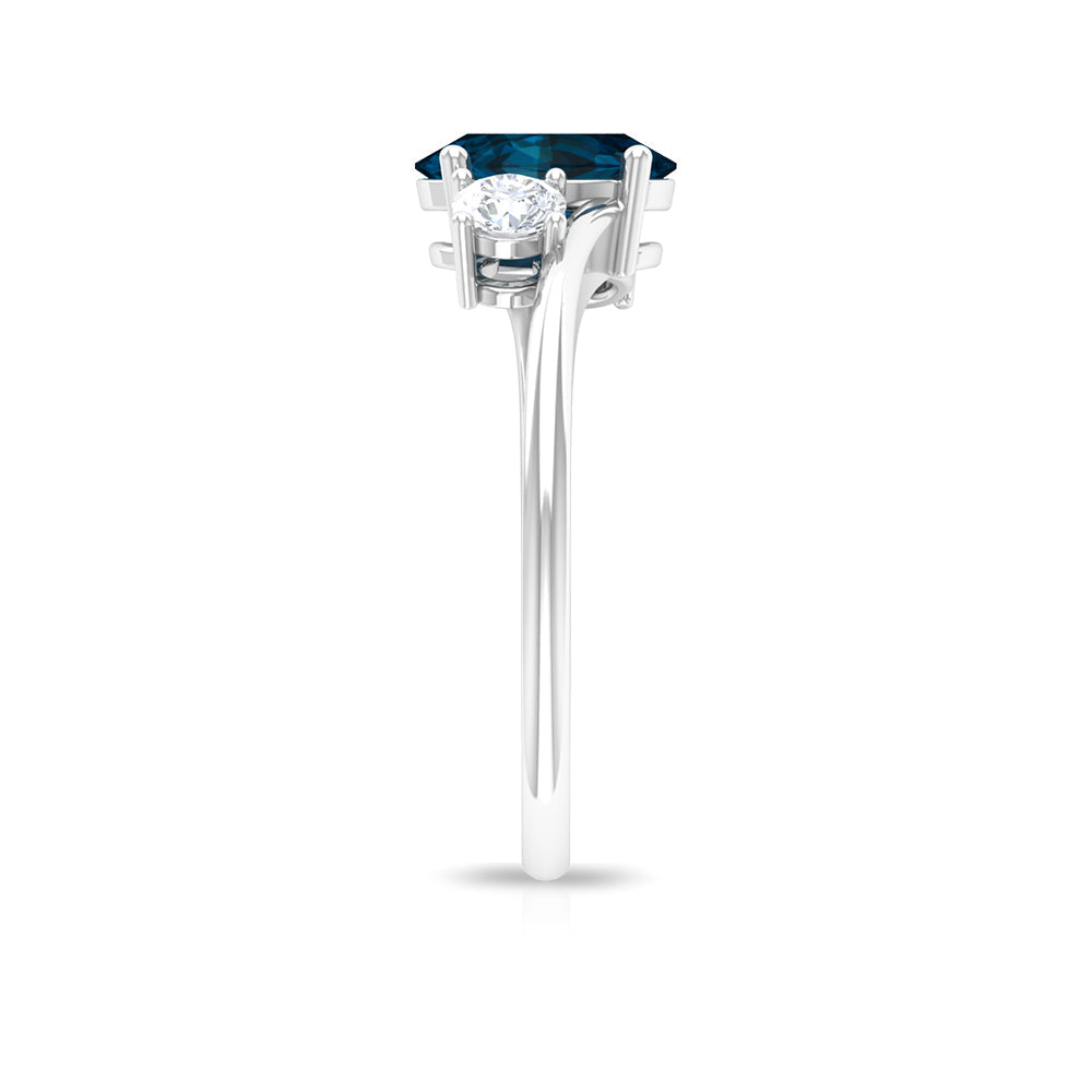 6X8mm Oval Cut London Blue Topaz Three Stone Engagement Ring with Diamond