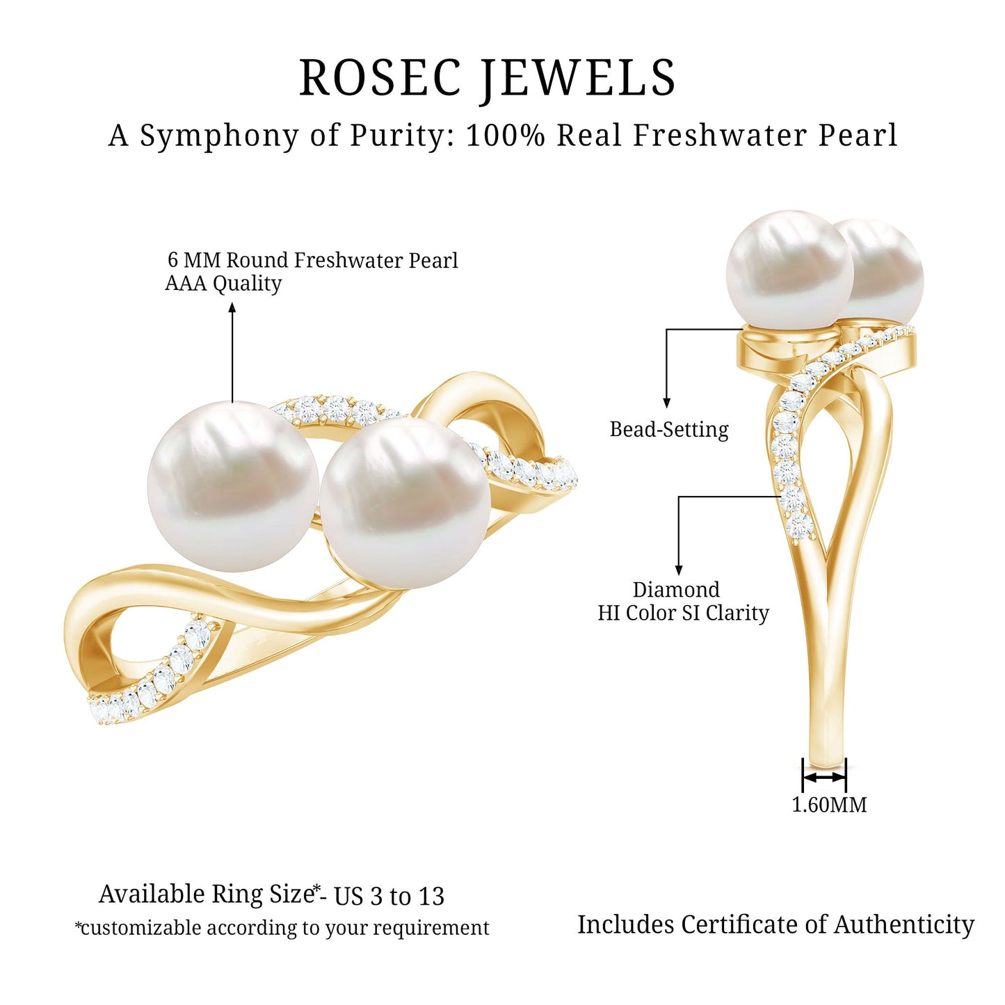 Genuine Freshwater Pearl Toi Et Moi Crossover Ring with Diamond