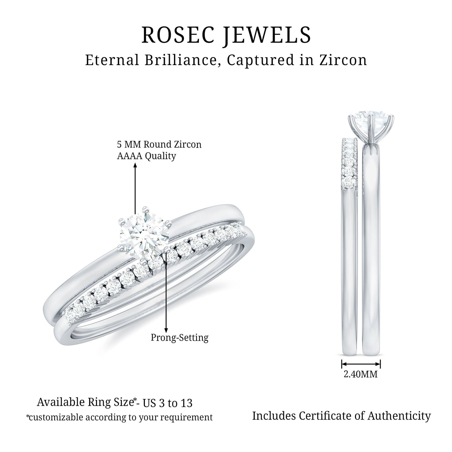 Simple Cubic Zirconia Solitaire Wedding Ring Set