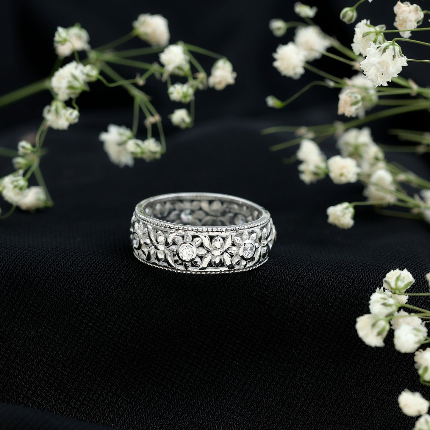 Flower Inspired Zircon Filigree Wedding Band