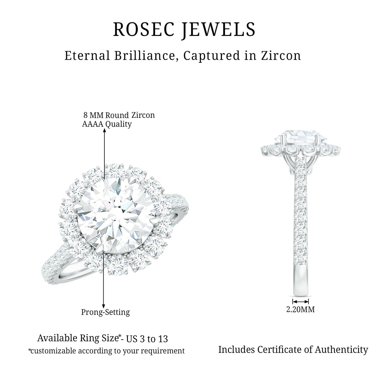 Zircon Round Engagement Ring with Floating Halo and Side Stones