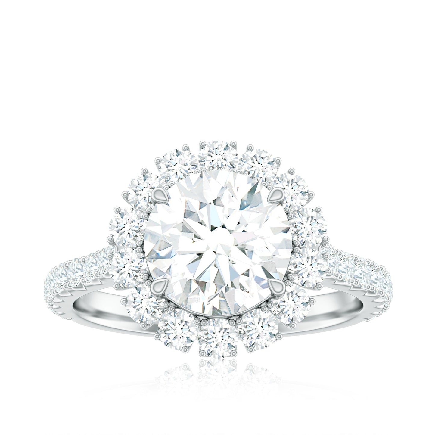 Zircon Round Engagement Ring with Floating Halo and Side Stones