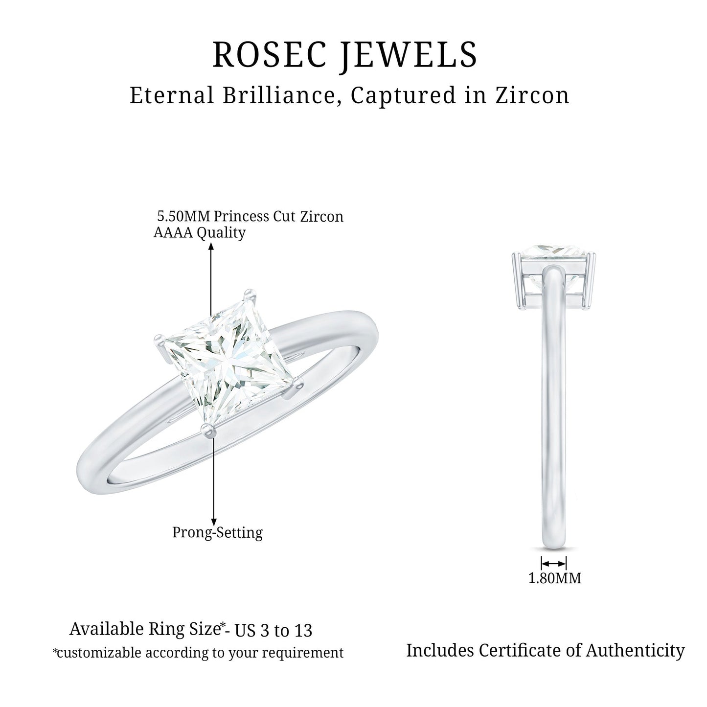 Princess Cut Zircon Solitaire Ring in Prong Setting