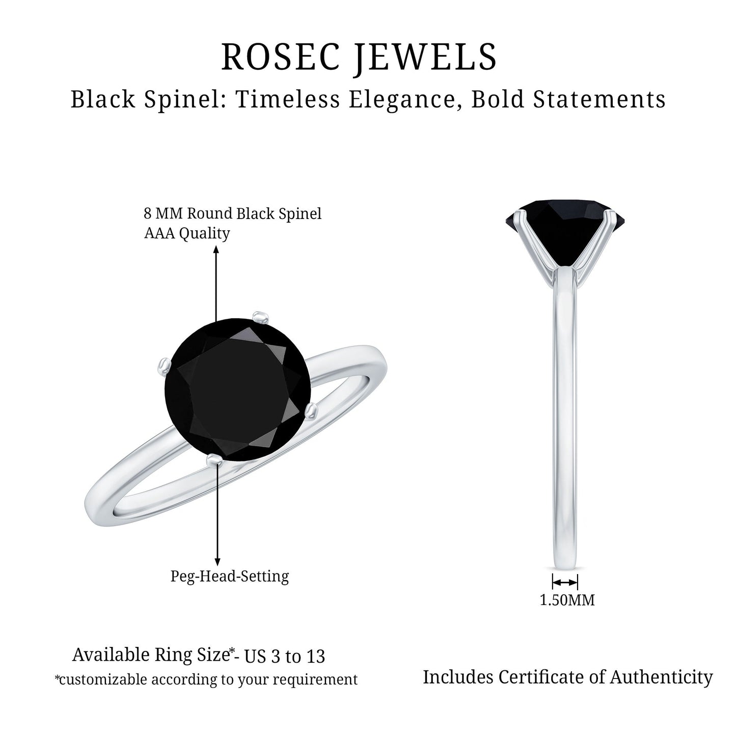 Certified Real 2.5 Carat Black Spinel Solitaire Engagement Ring
