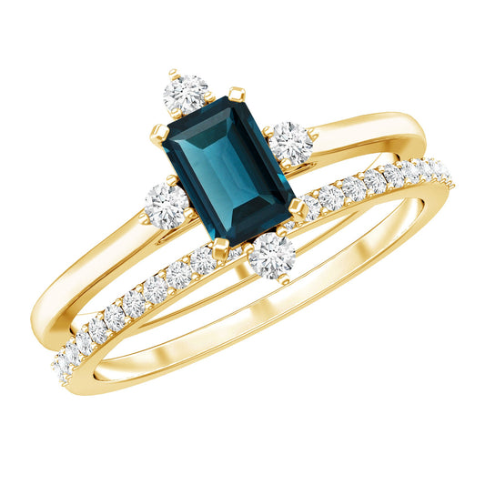 4X6mm Emerald Cut London Blue Topaz Wedding Ring Set with Diamond Band