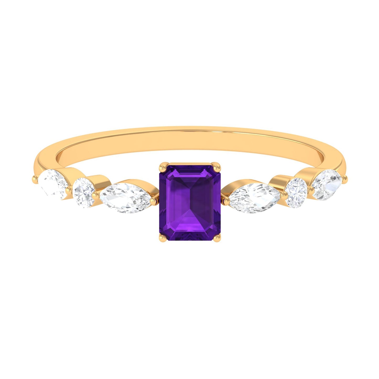 Octagon Amethyst Solitaire Ring with Diamond Side Stones