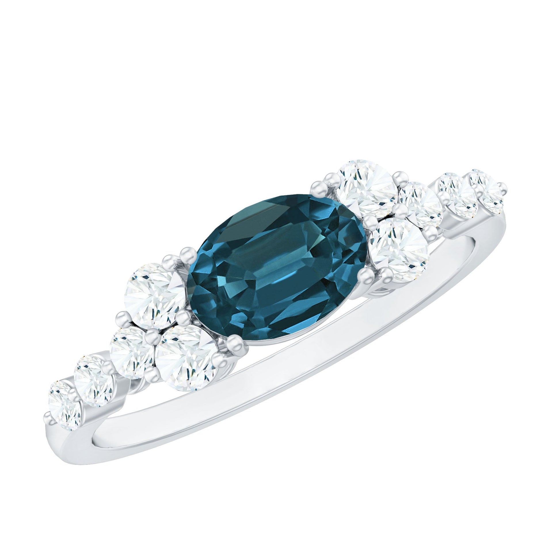 Diamond ring with a central blue gemstone on a white background