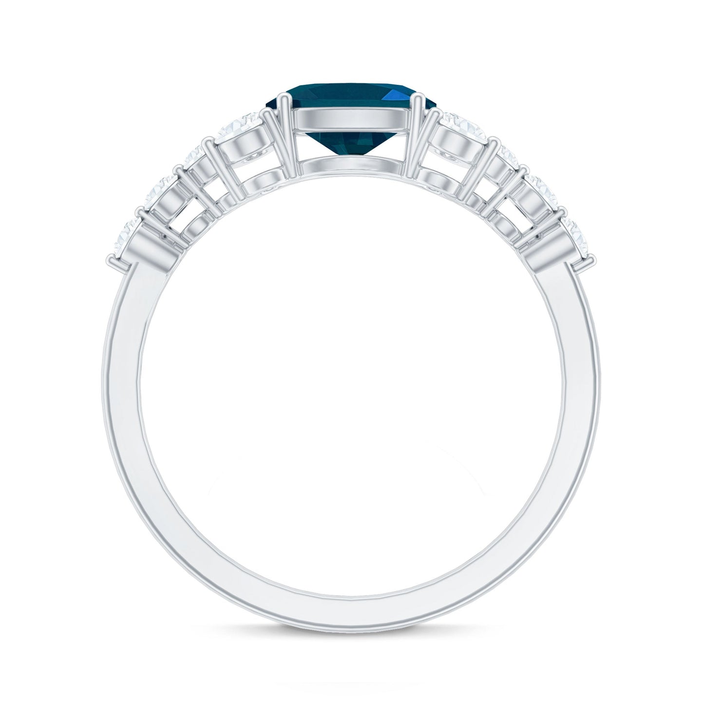 Elegant ring with a blue gemstone and diamond accents on a white background