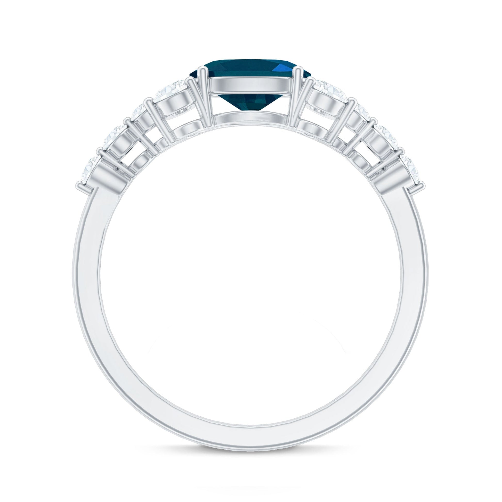 Elegant ring with a blue gemstone and diamond accents on a white background