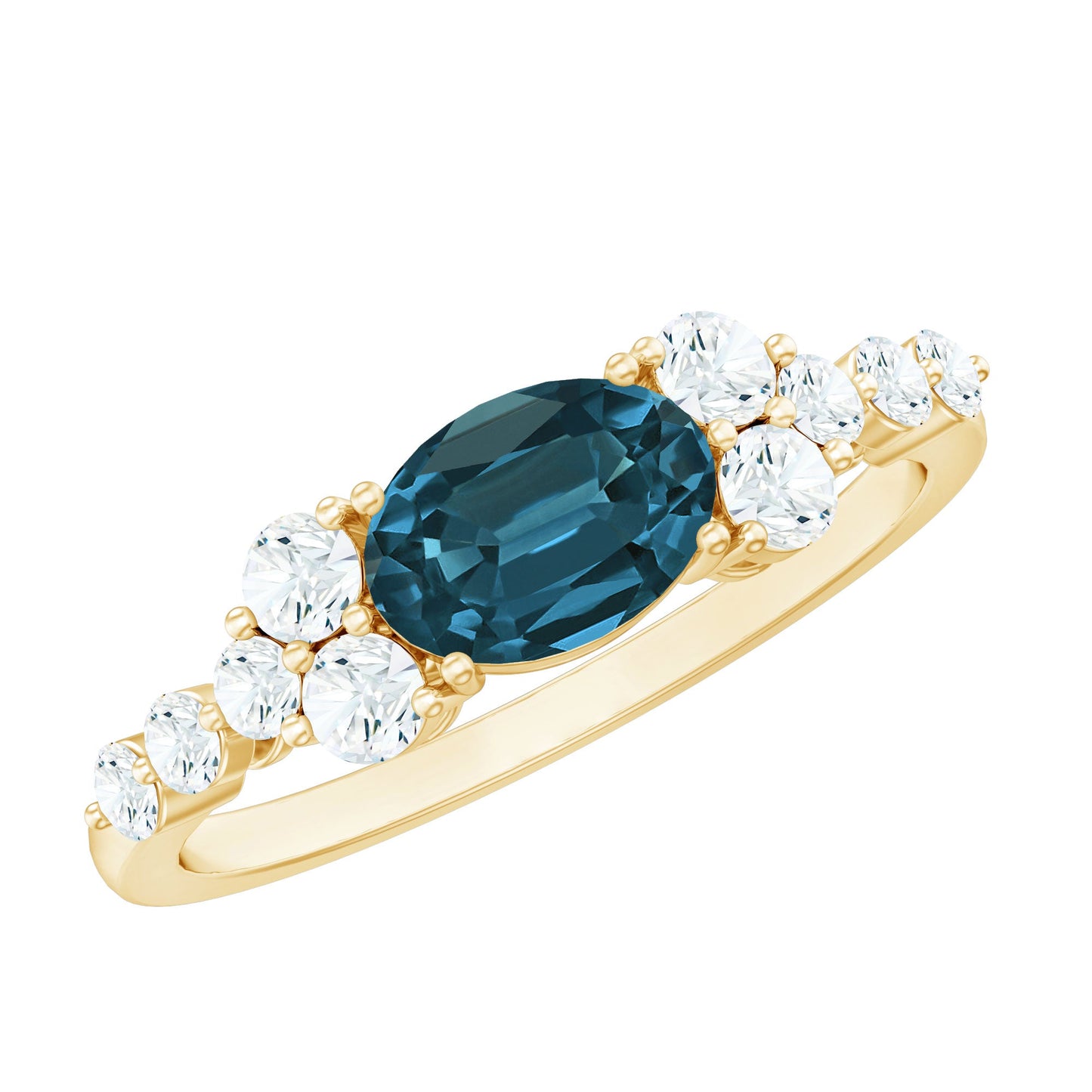 Gold ring with a blue gemstone and clear diamonds on a white background