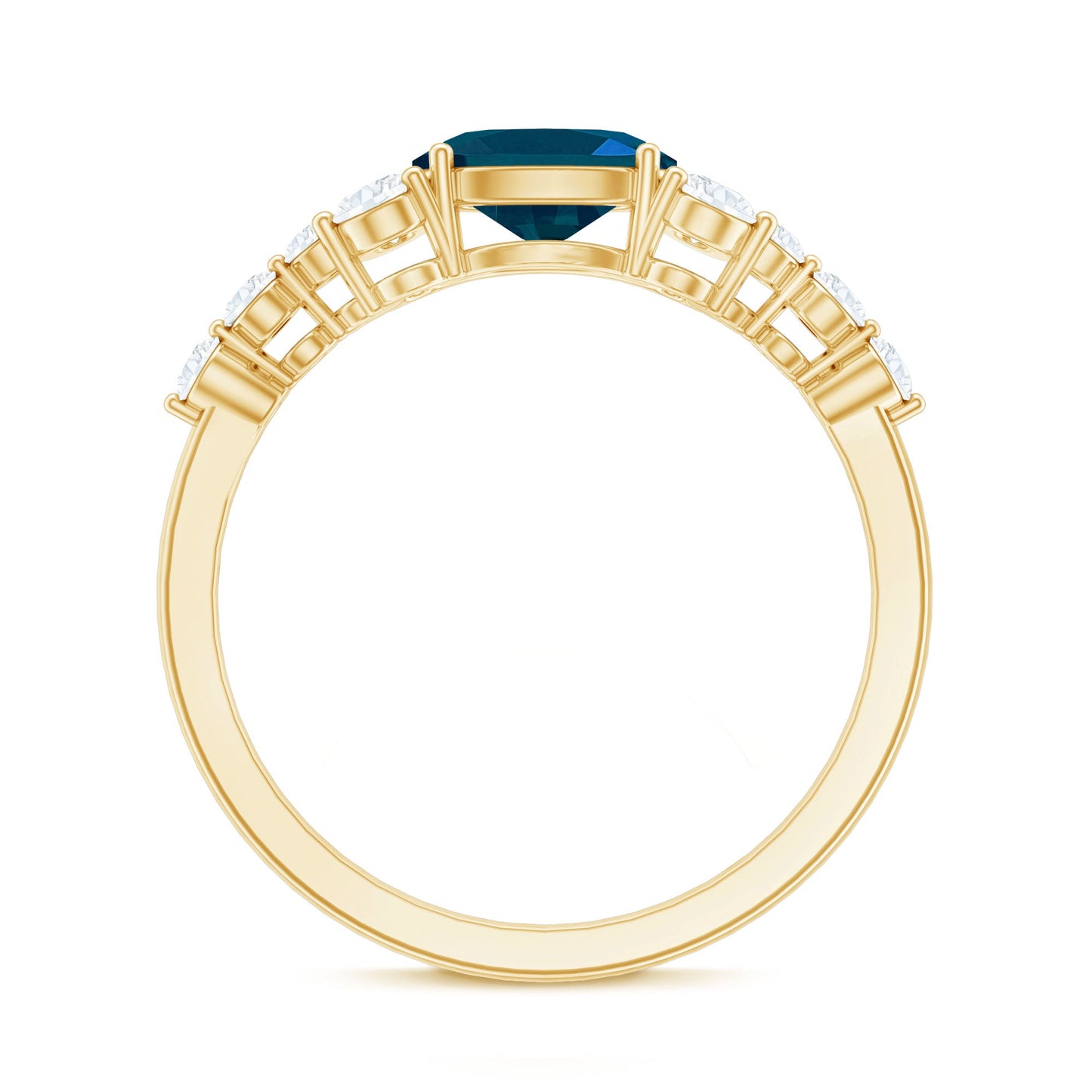 Gold ring with a blue gemstone on a white background