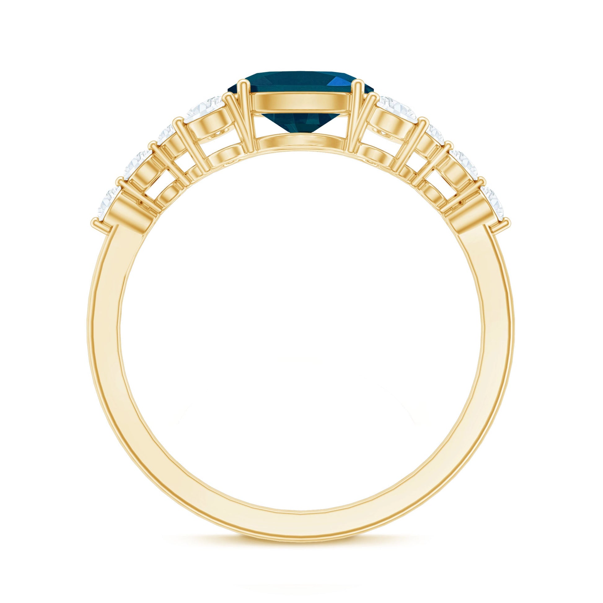 Gold ring with a blue gemstone on a white background
