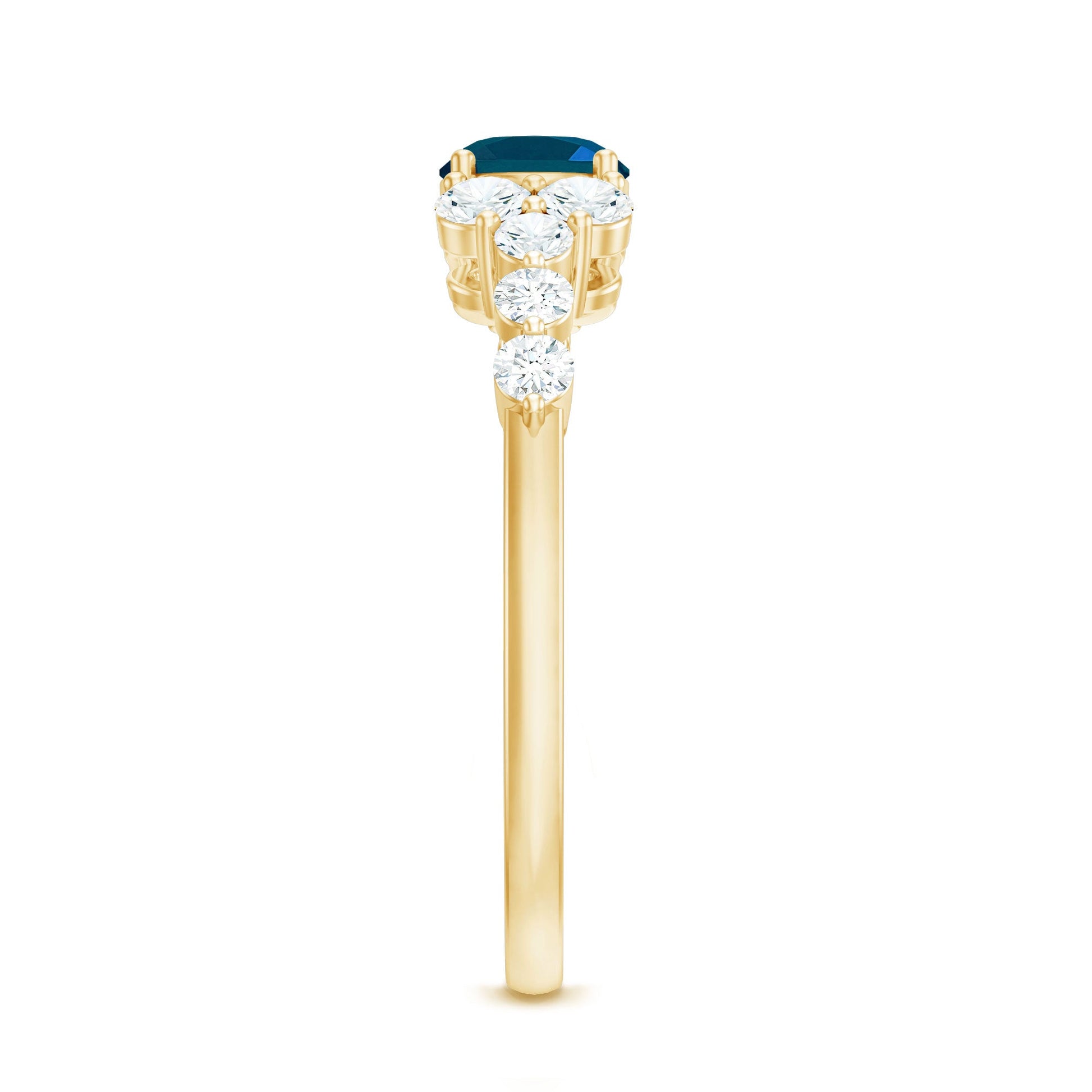 Gold ring with a blue gemstone and clear stones on a white background