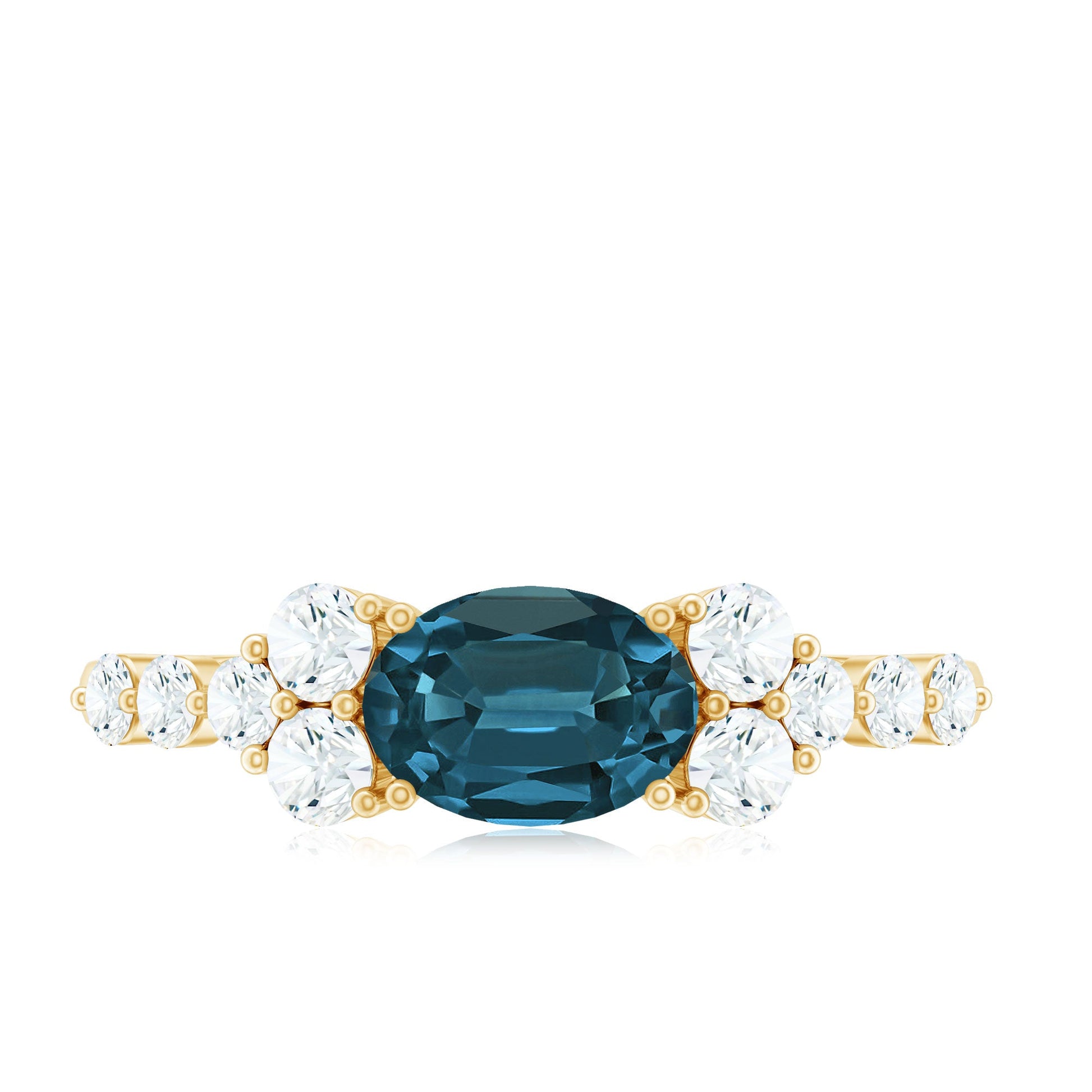 Ring with a blue gemstone and diamond accents on a white background