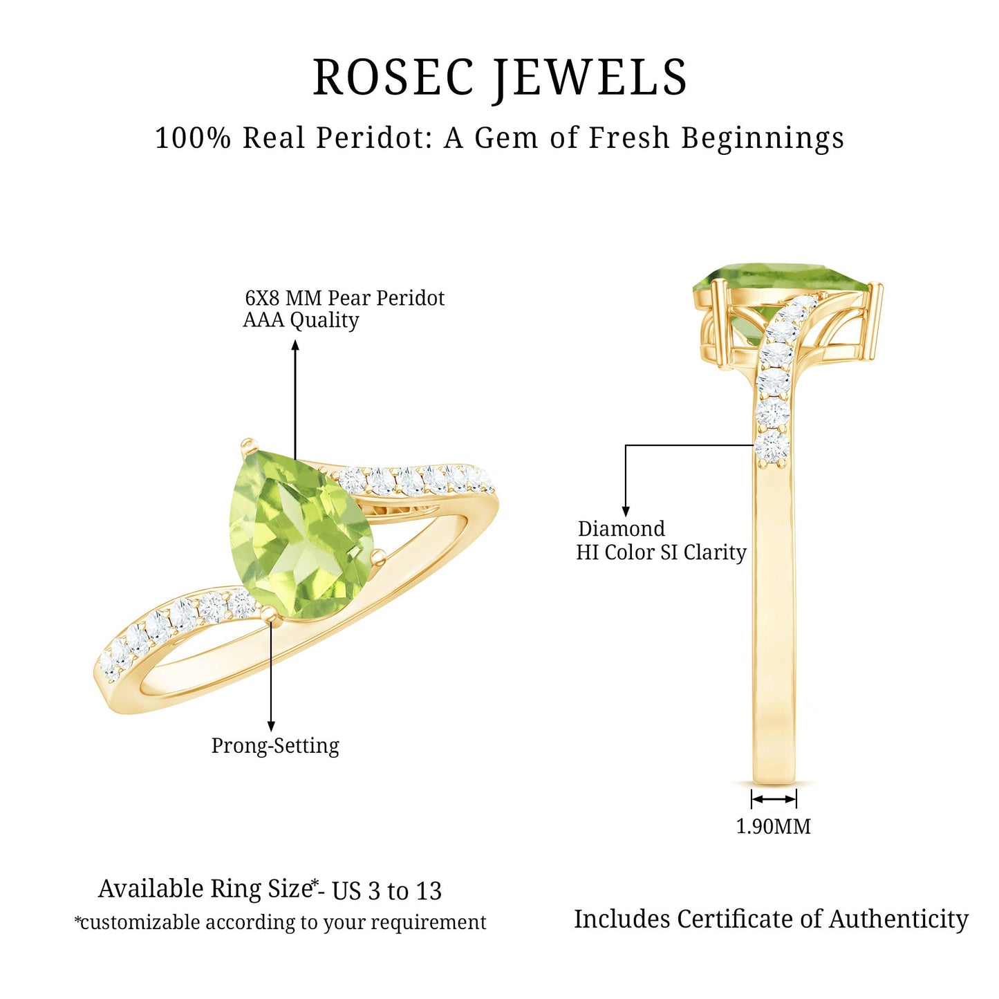1 Carat Pear Shaped Peridot Engagement Ring with Diamond Bypass Shank