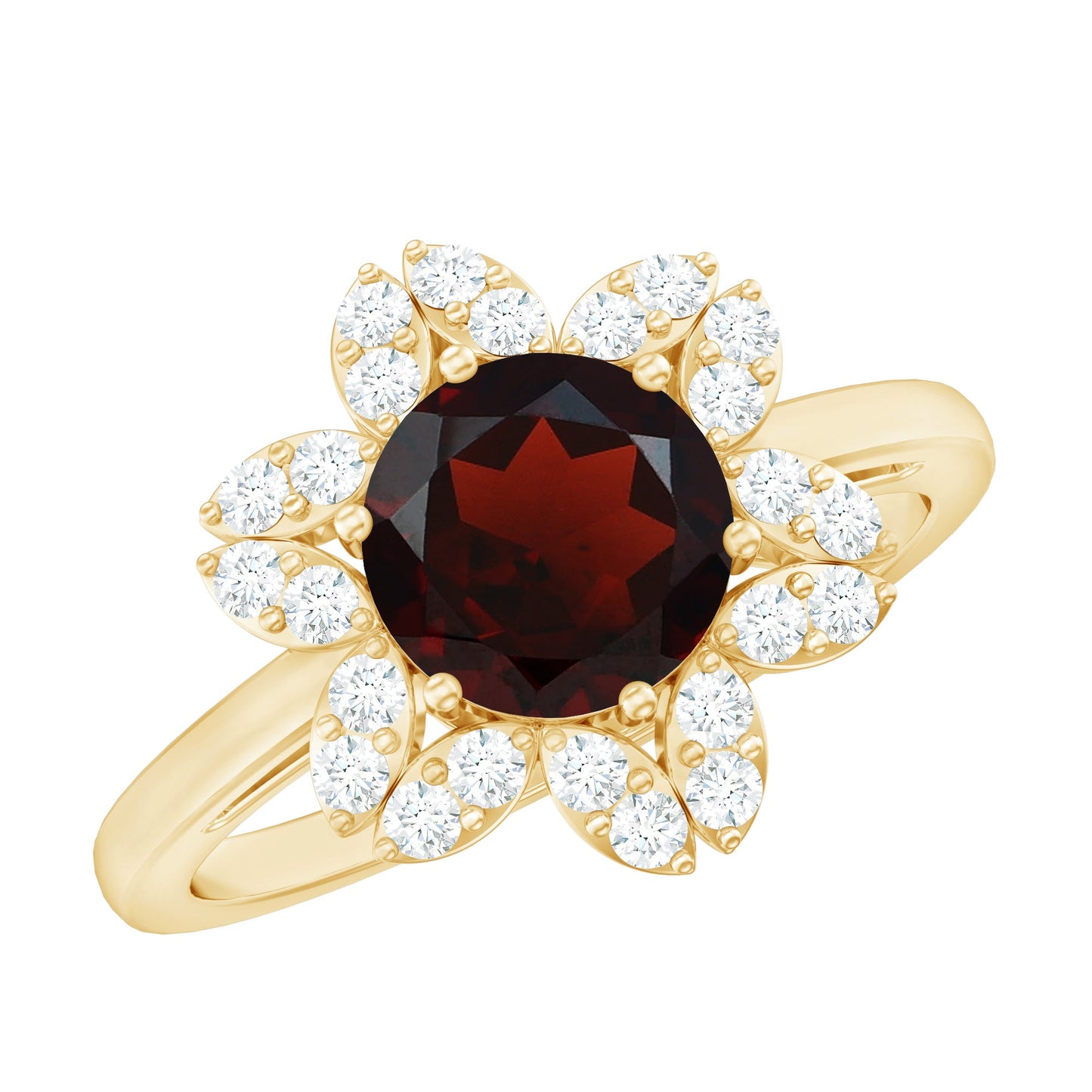 Certified Natural 8mm Garnet Flower Engagement Ring with Diamond