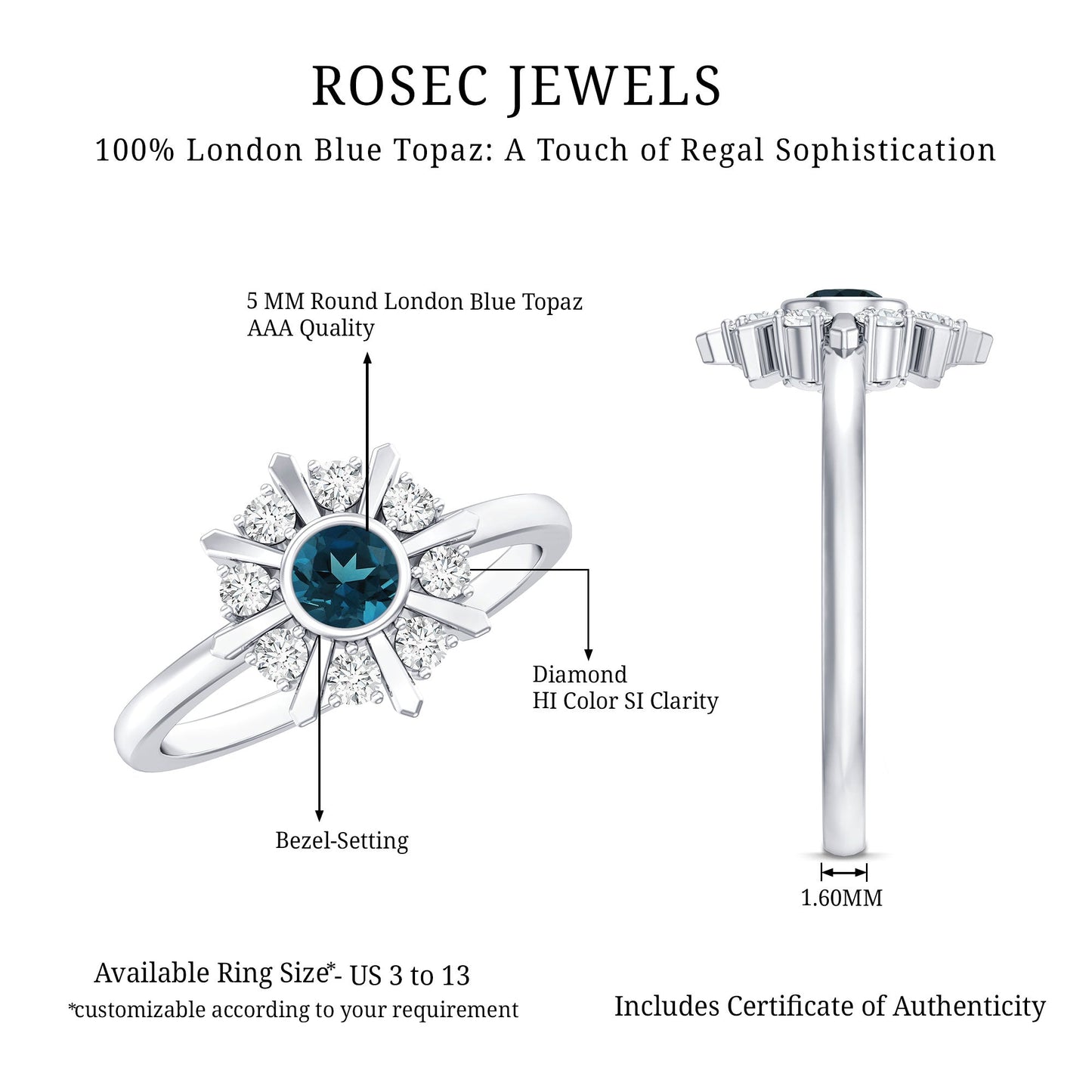 5mm Round London Blue Topaz Flower Ring with Diamond