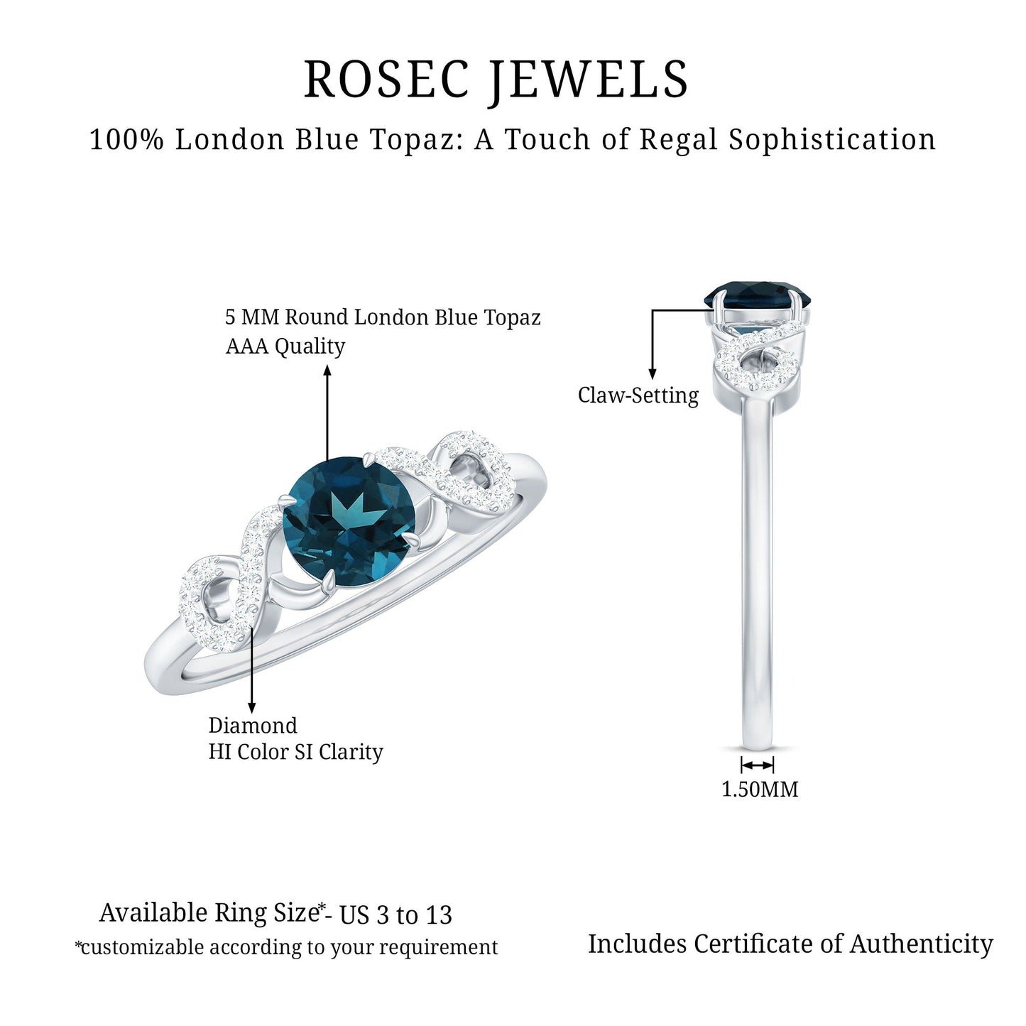 5mm Round London Blue Topaz Engagement Ring with Criss Cross Diamond