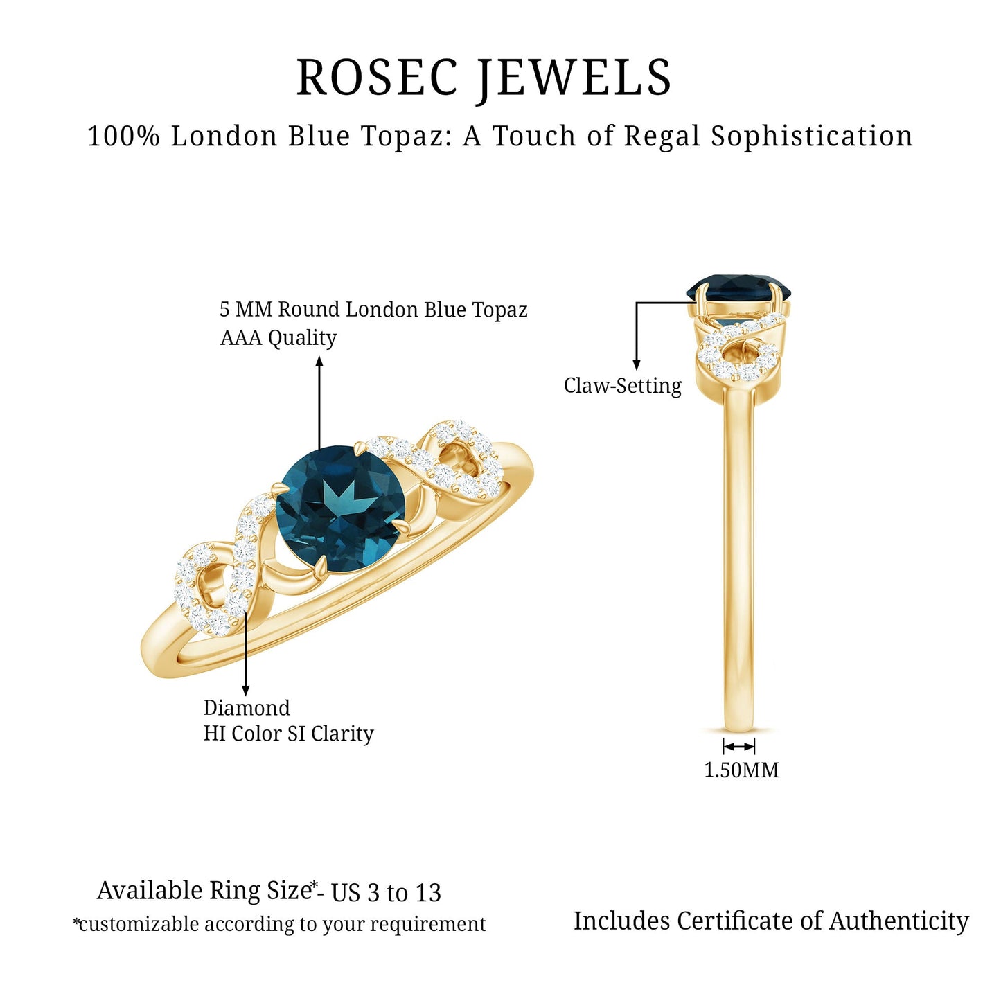 5mm Round London Blue Topaz Engagement Ring with Criss Cross Diamond