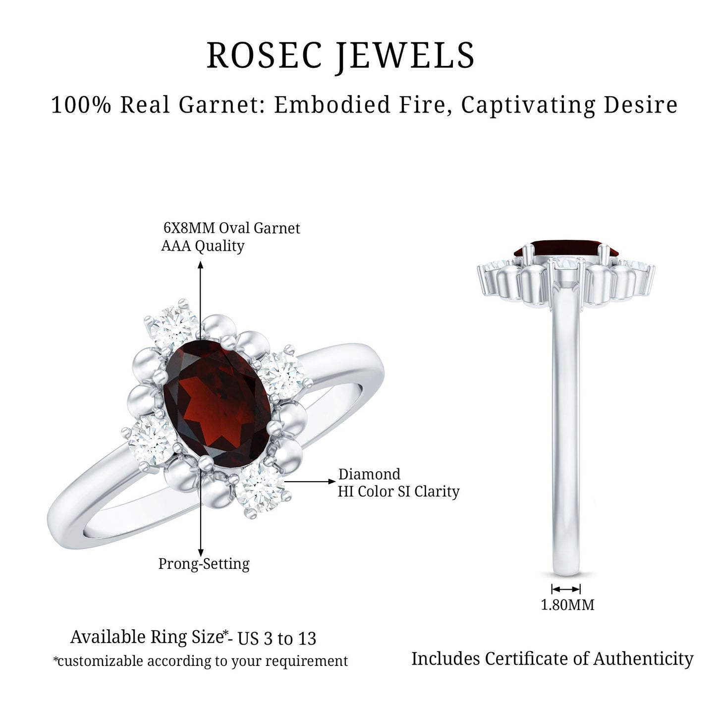 Vintage Inspired 6X8mm Garnet Oval Engagement Ring with Diamond