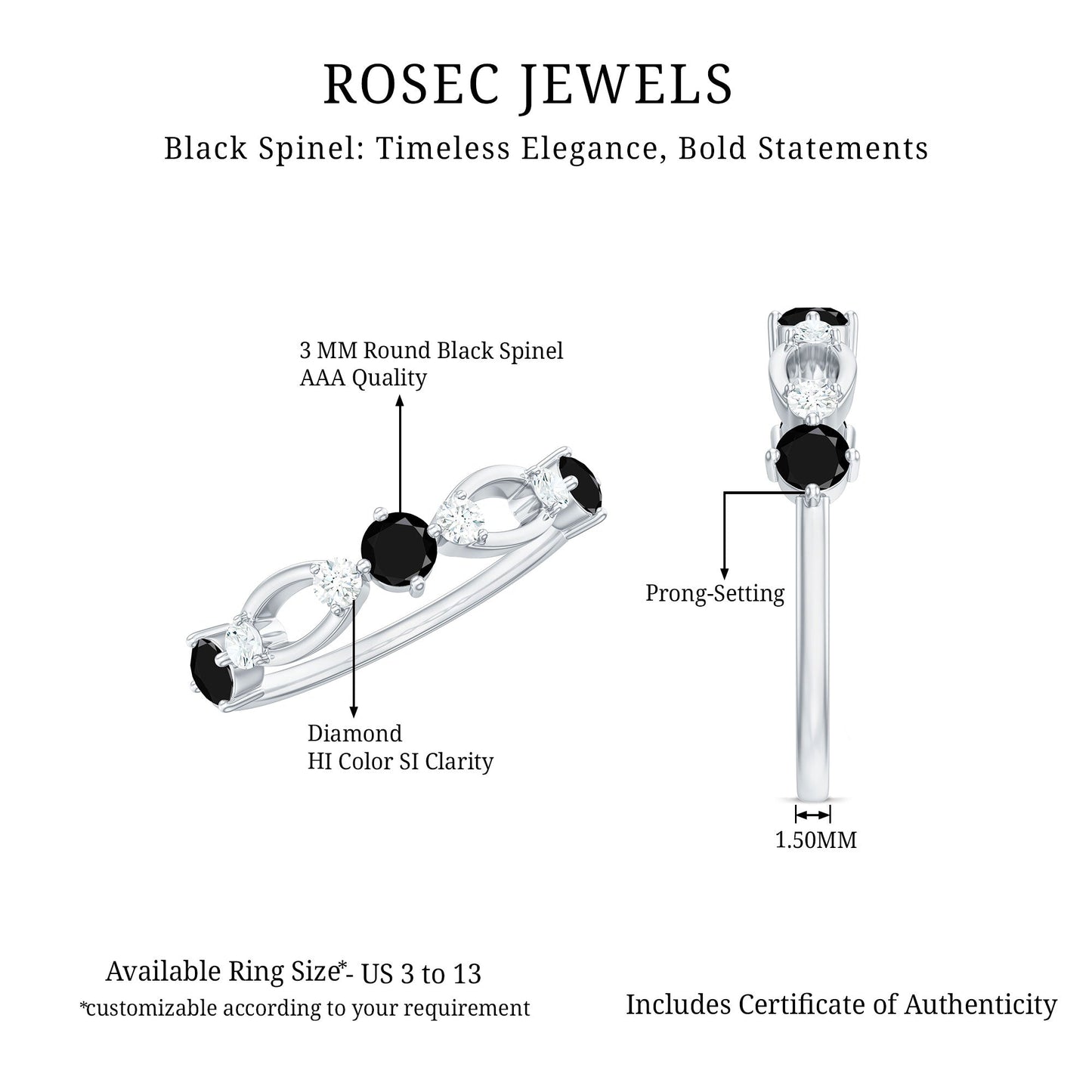 Certified Real Black Spinel Diamond Promise Ring for Her