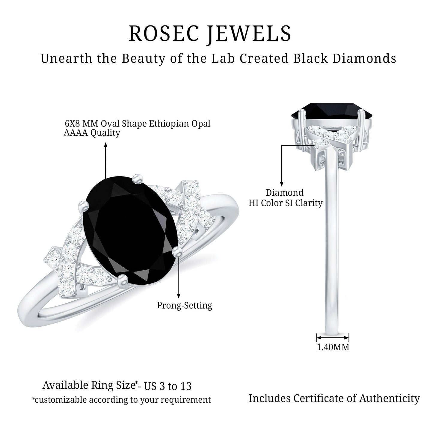 Oval Created Black Diamond Solitaire Ring with Diamond in Split Shank