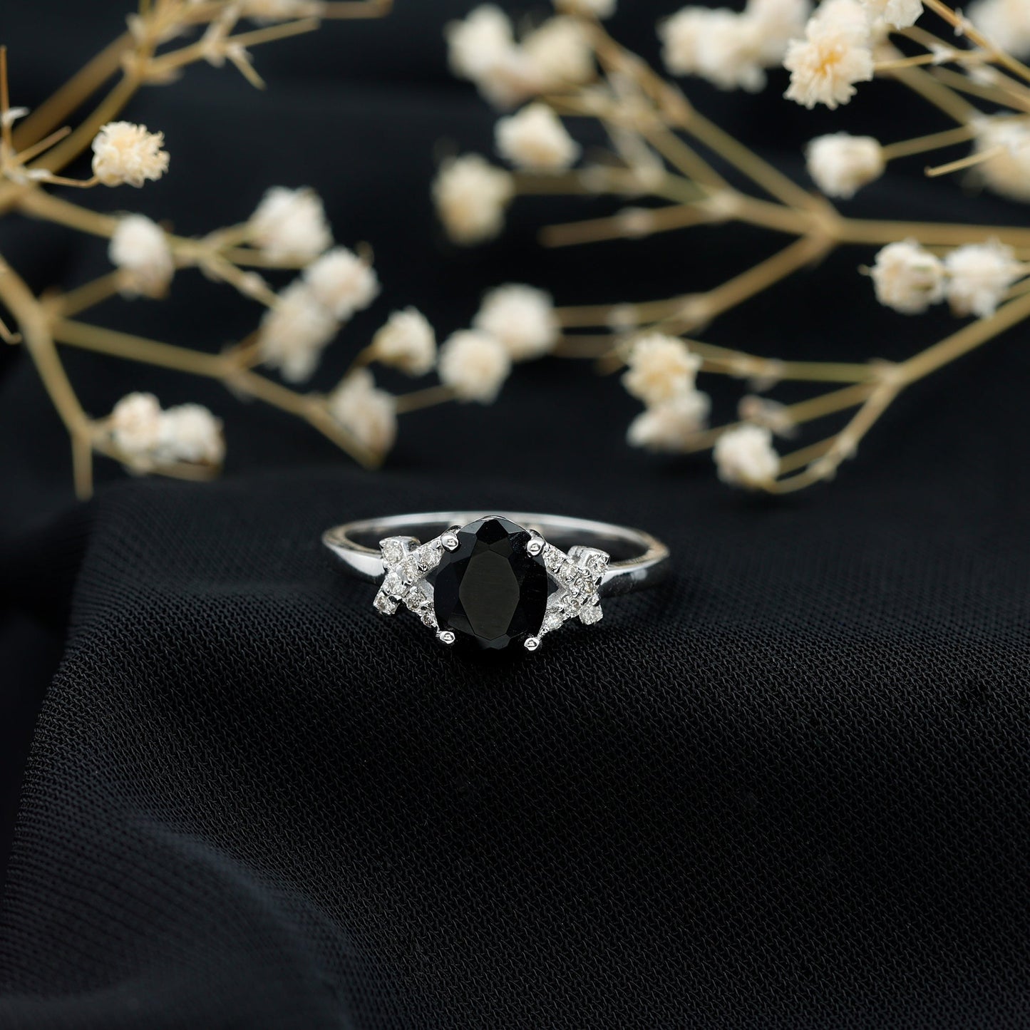 Oval Created Black Diamond Solitaire Ring with Diamond in Split Shank