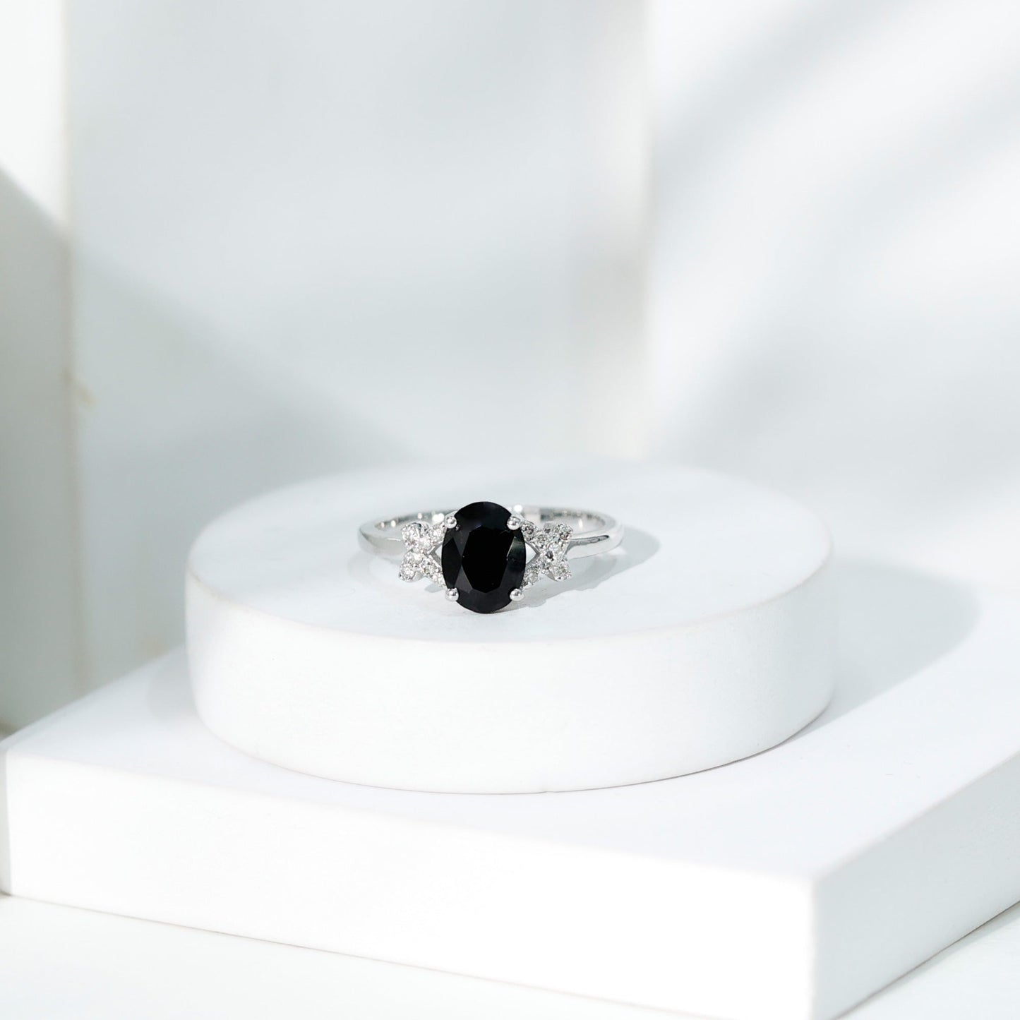 Oval Created Black Diamond Solitaire Ring with Diamond in Split Shank