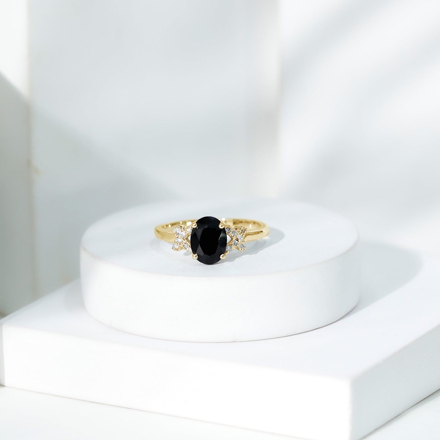 Oval Created Black Diamond Solitaire Ring with Diamond in Split Shank