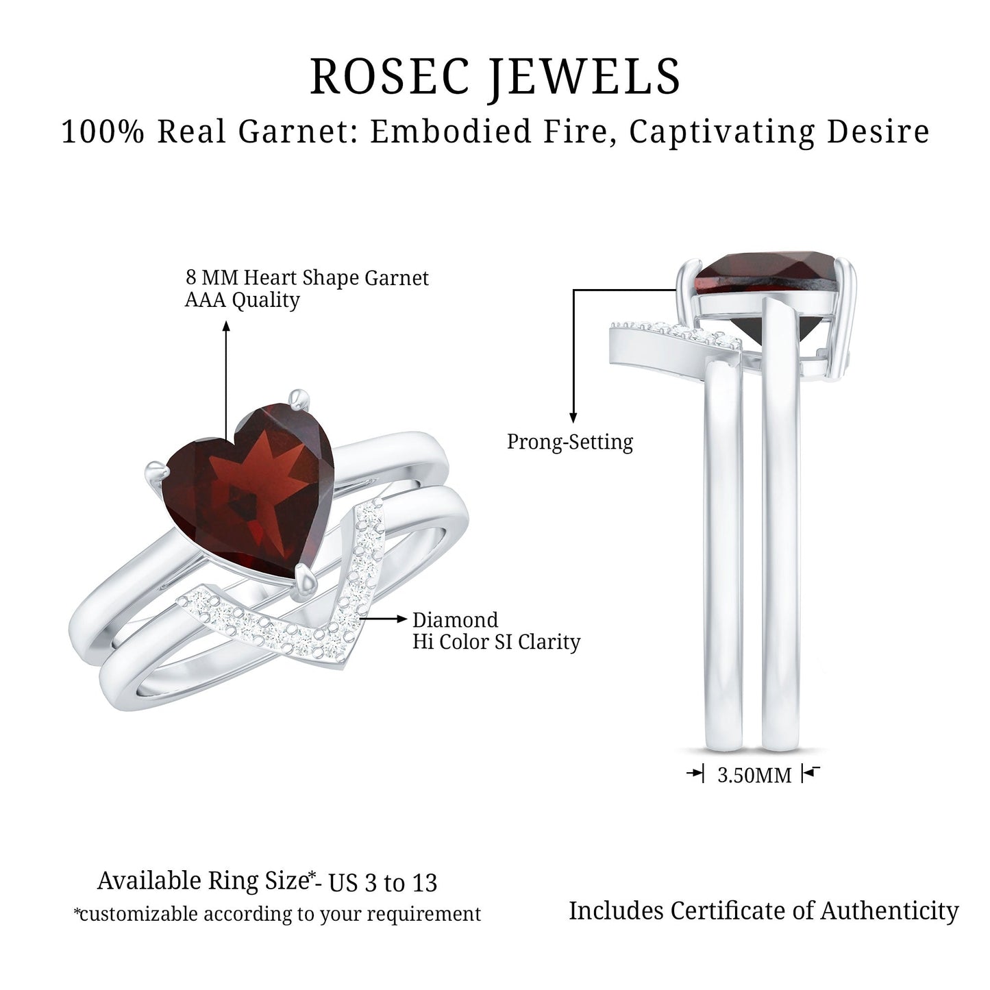 Real 8mm Garnet Diamond Heart Shaped Wedding Engagement Ring Set of 2