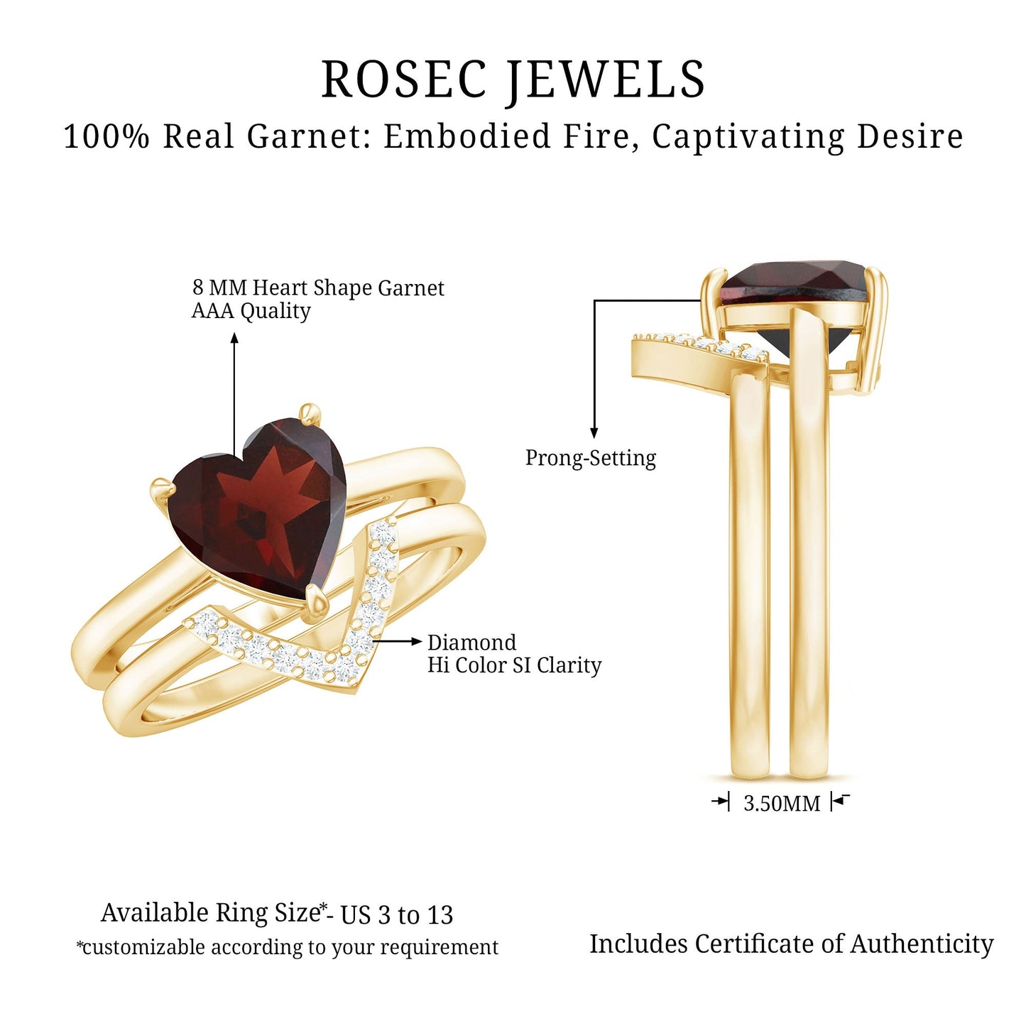 Real 8mm Garnet Diamond Heart Shaped Wedding Engagement Ring Set of 2
