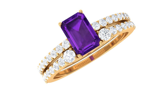 Real Amethyst and Diamond Solitaire Ring Set