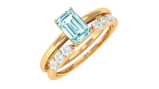 Aquamarine and Diamond Solitaire Stackable Ring Set