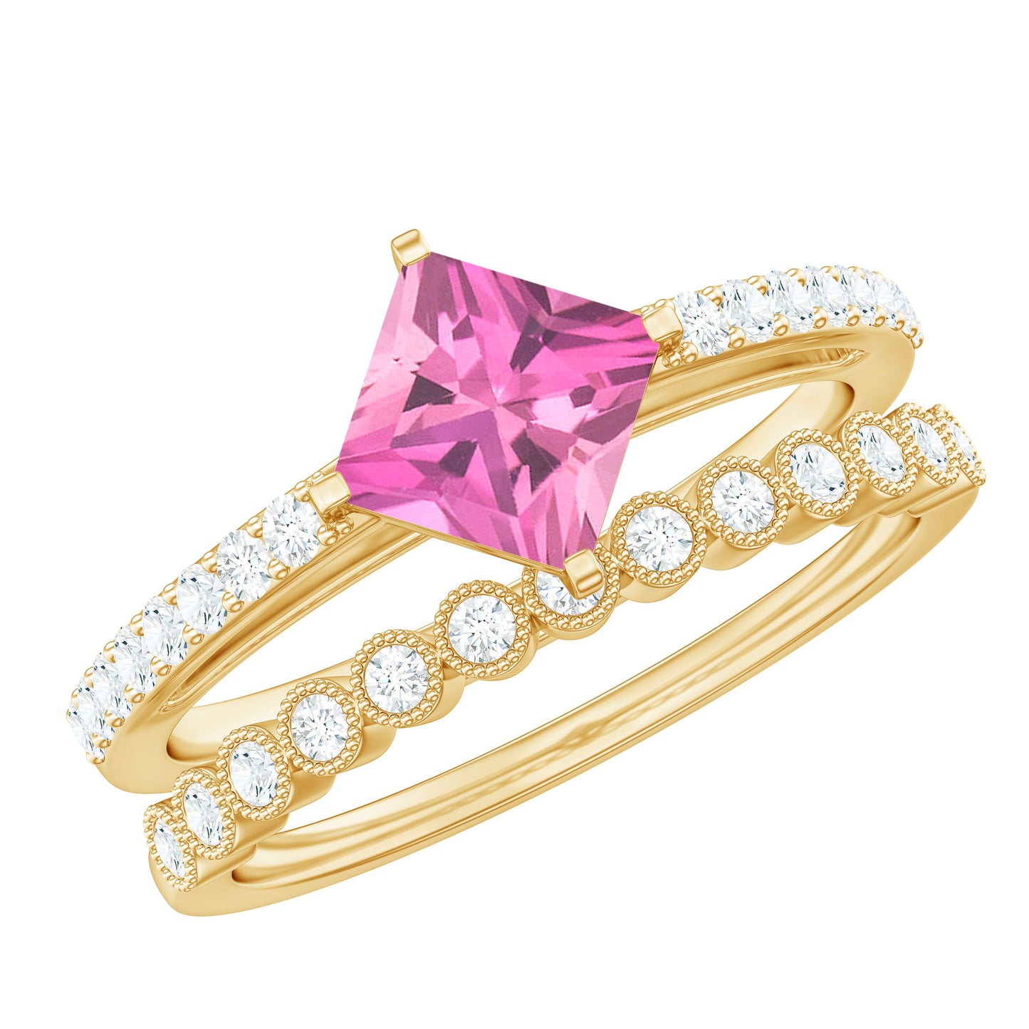 Princess Cut Pink Tourmaline Wedding Ring Set with Moissanite