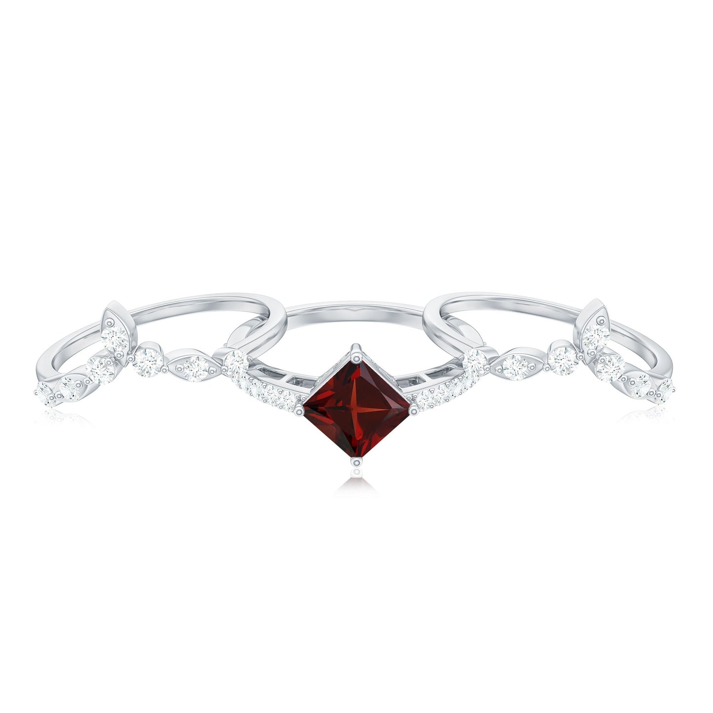 Vintage Looking Princess Cut Garnet 3 Piece Wedding Ring Set