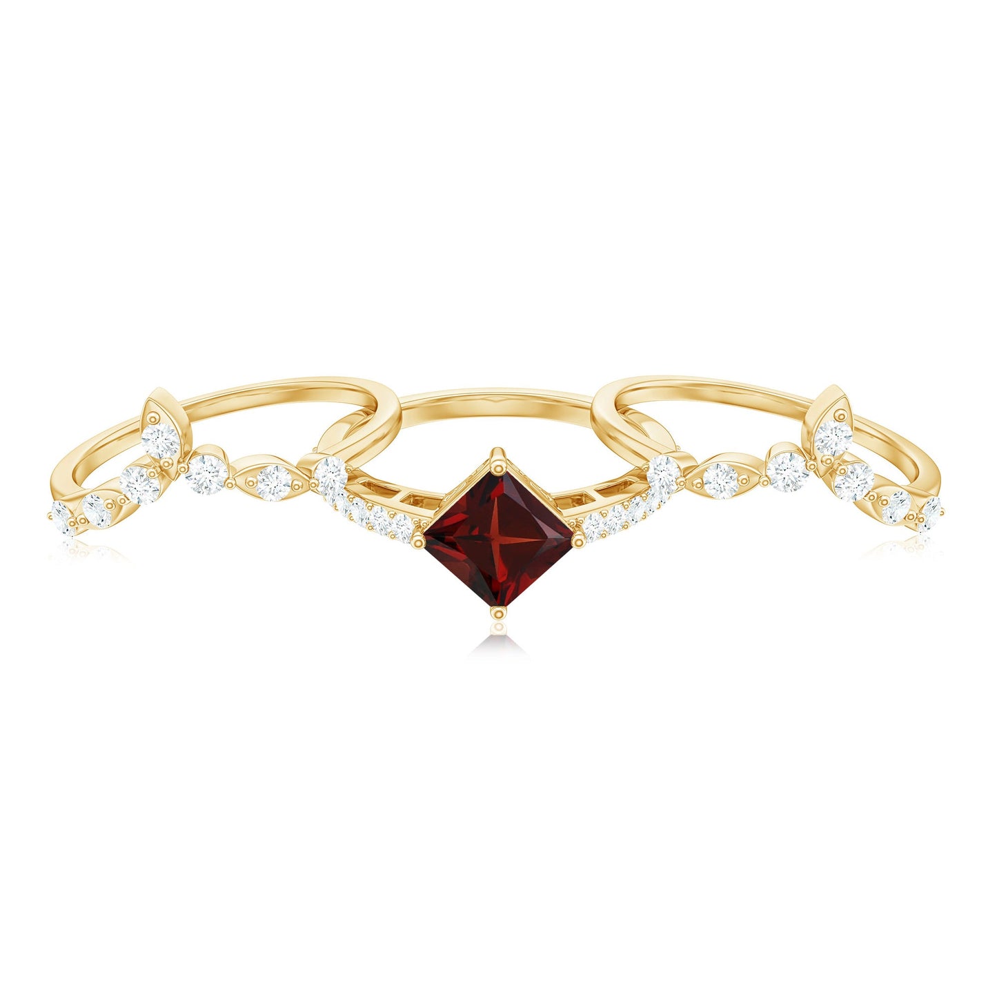 Vintage Looking Princess Cut Garnet 3 Piece Wedding Ring Set