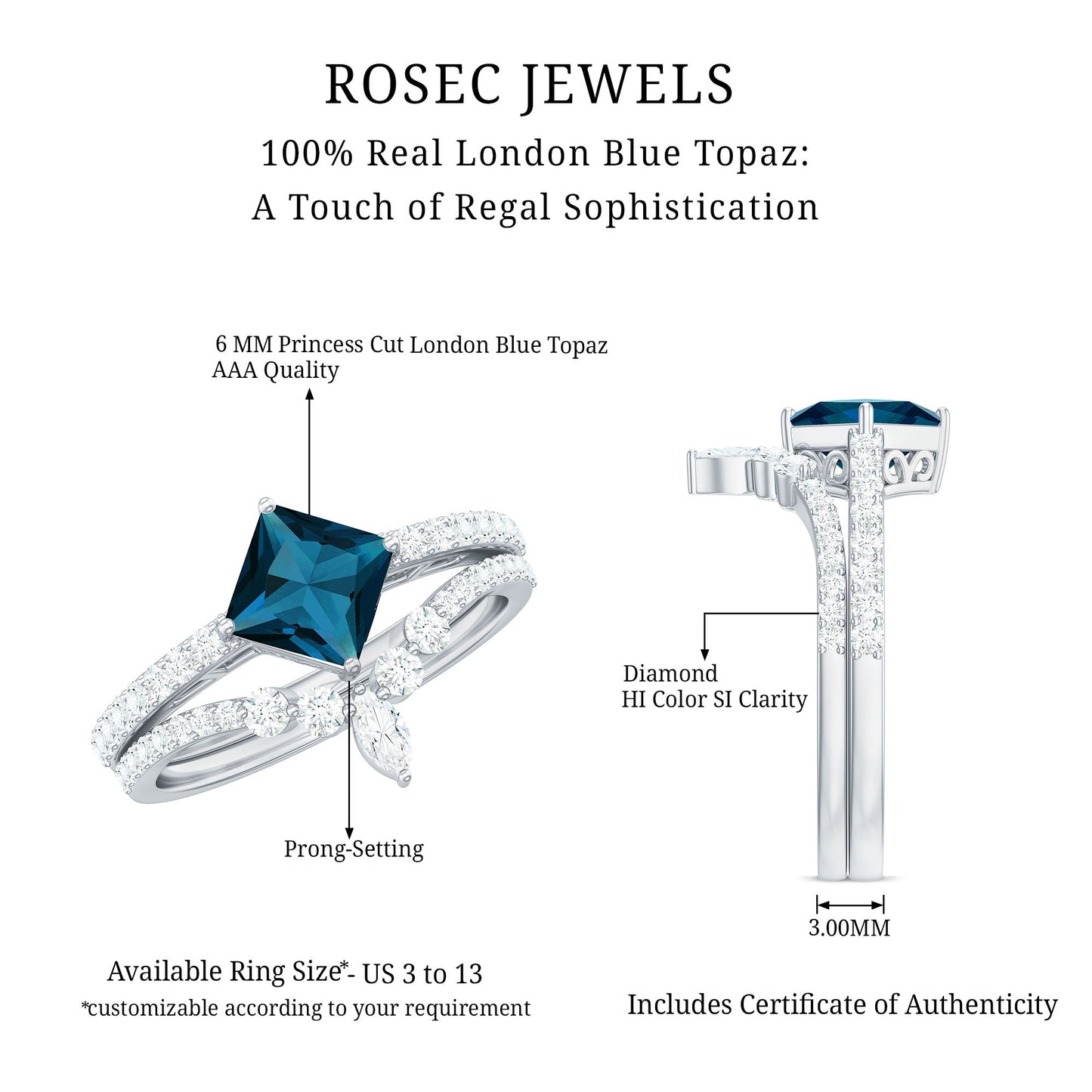 6mm Princess Cut London Blue Topaz and Diamond Wedding Ring Set