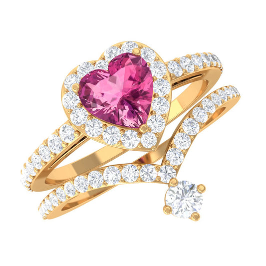 Genuine Pink Tourmaline Ring Set with Moissanite