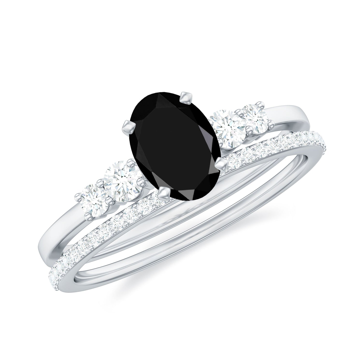 1.5 CT Oval Created Black Diamond Solitaire Ring Set with Diamond