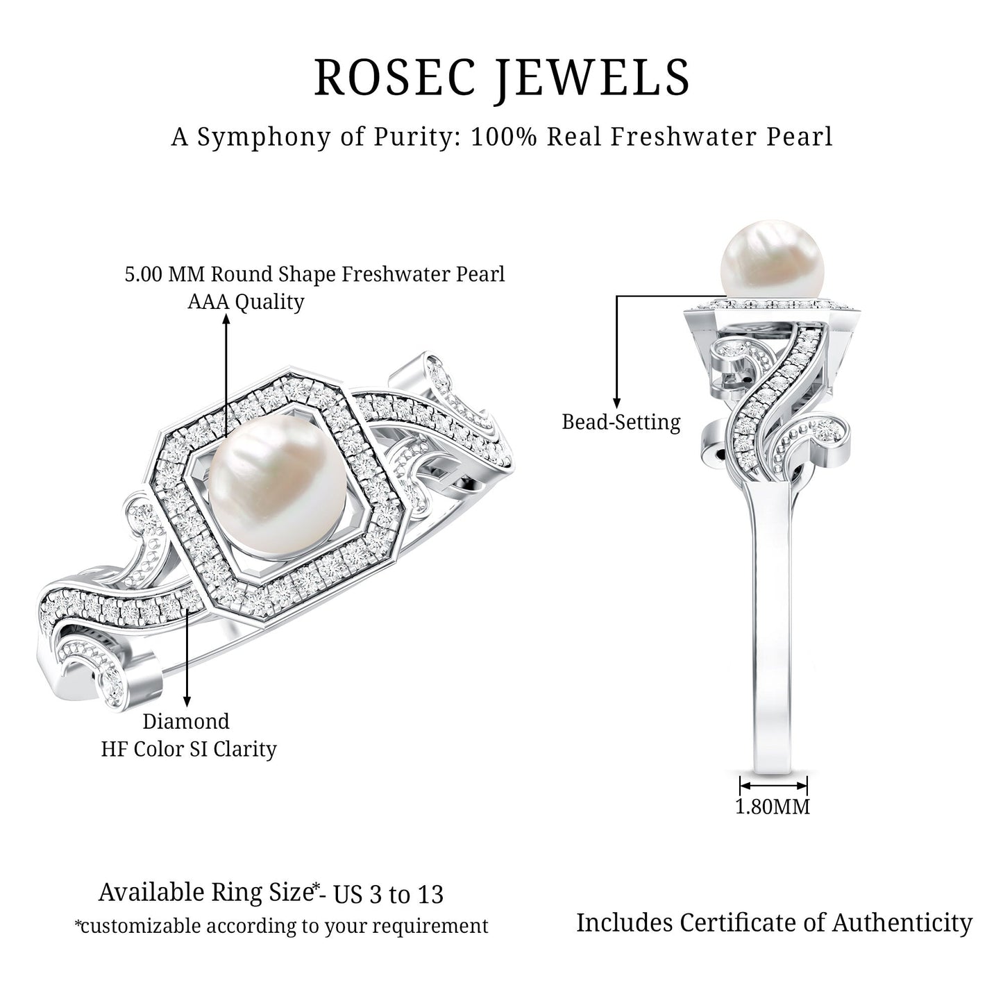 2.25 CT Freshwater Pearl and Diamond Vintage Engagement Ring