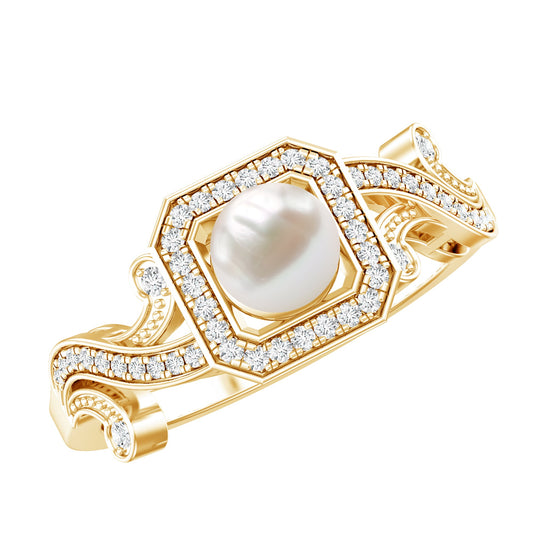 2.25 CT Freshwater Pearl and Diamond Vintage Engagement Ring