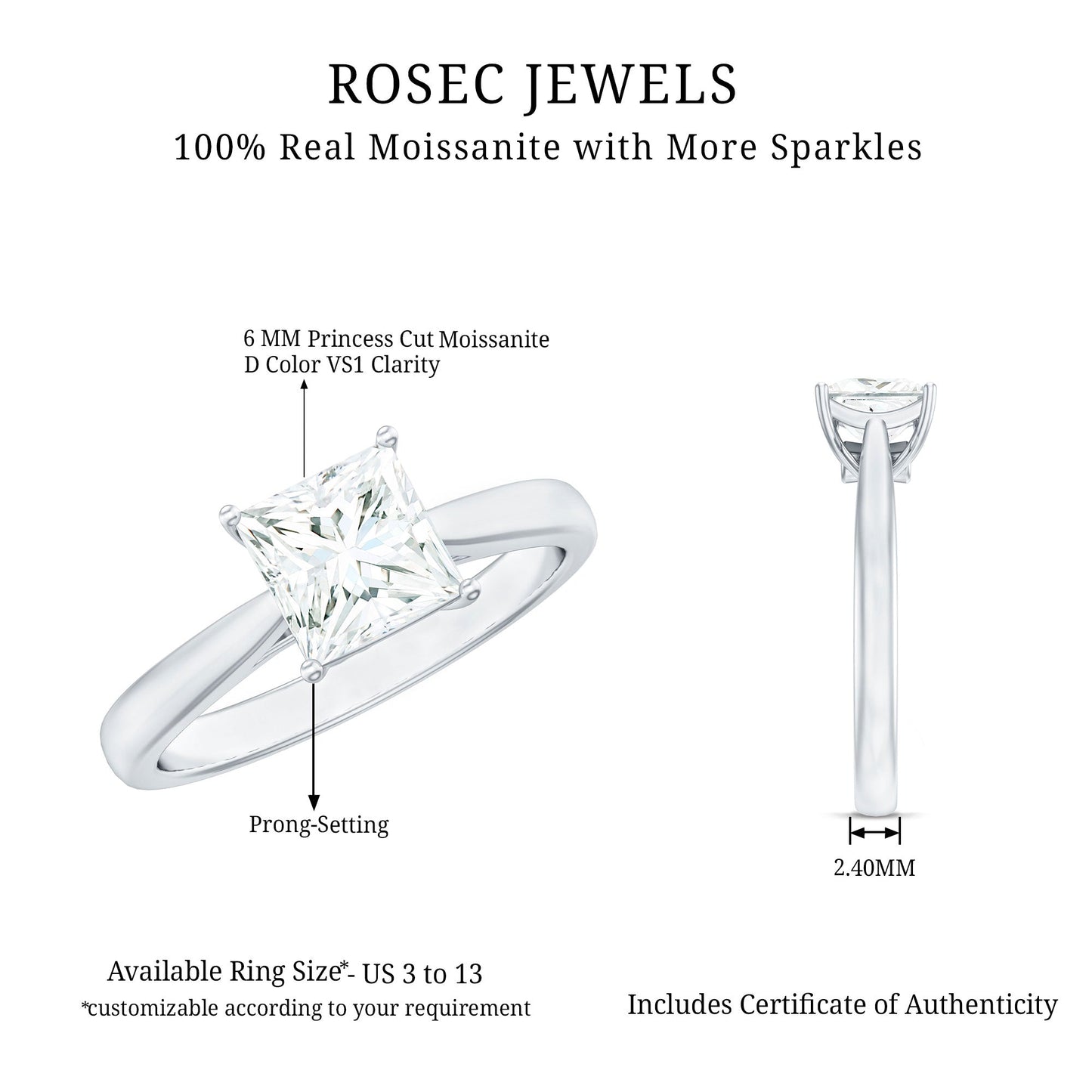 Princess Cut Moissanite Solitaire Engagement Ring