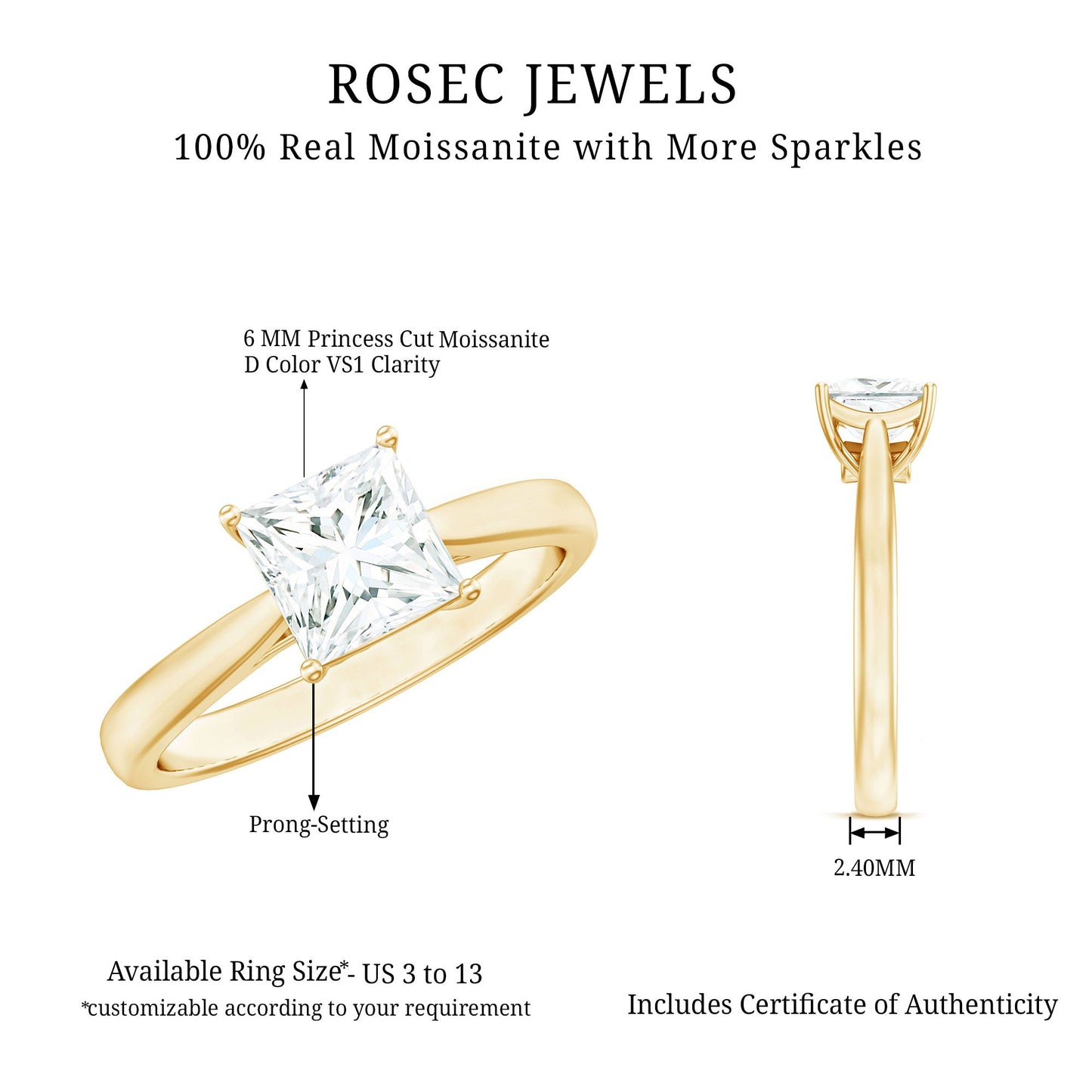 Princess Cut Moissanite Solitaire Engagement Ring