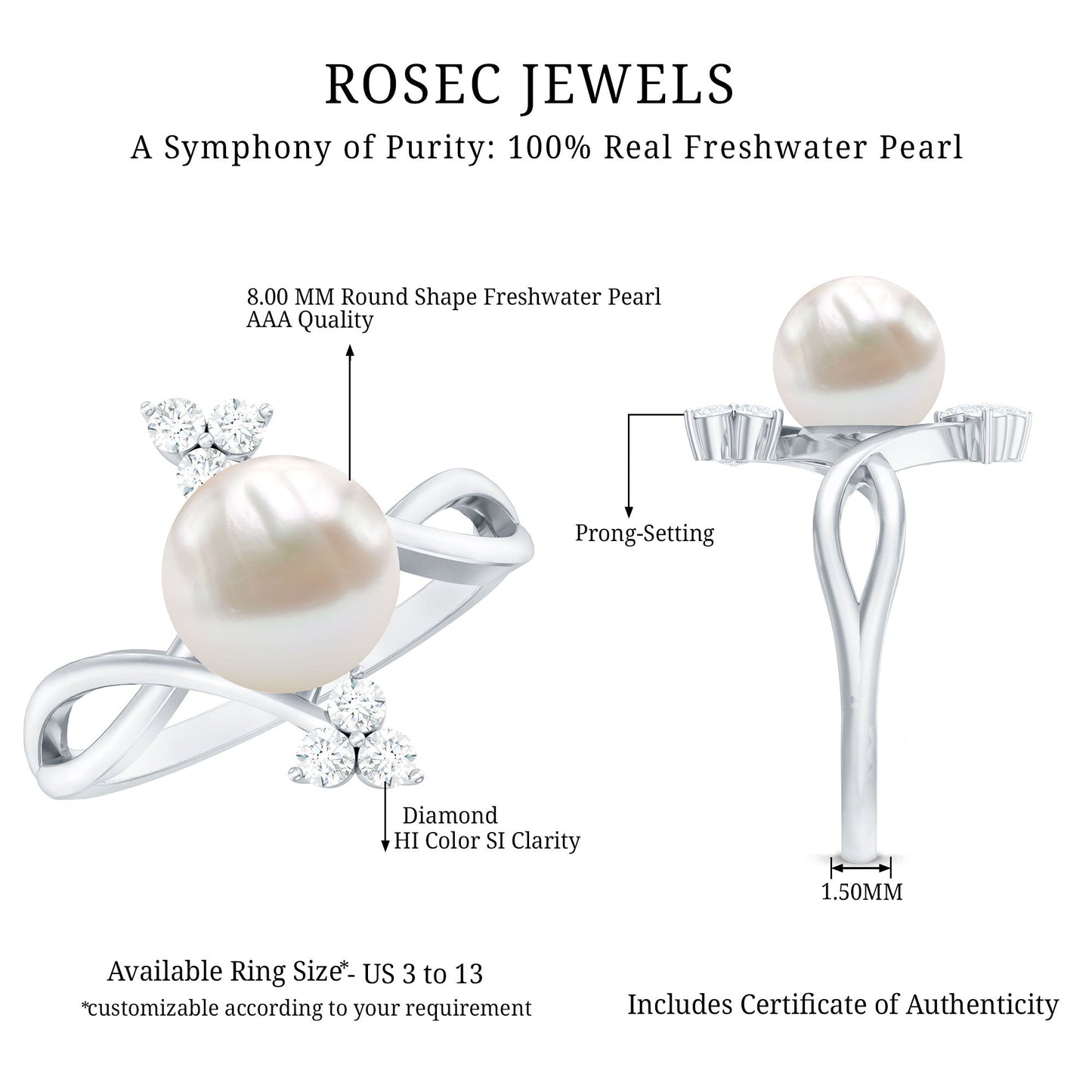 Freshwater Pearl Solitaire Ring with Diamond Trio