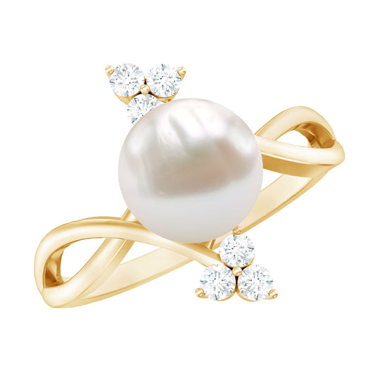 Freshwater Pearl Solitaire Ring with Diamond Trio