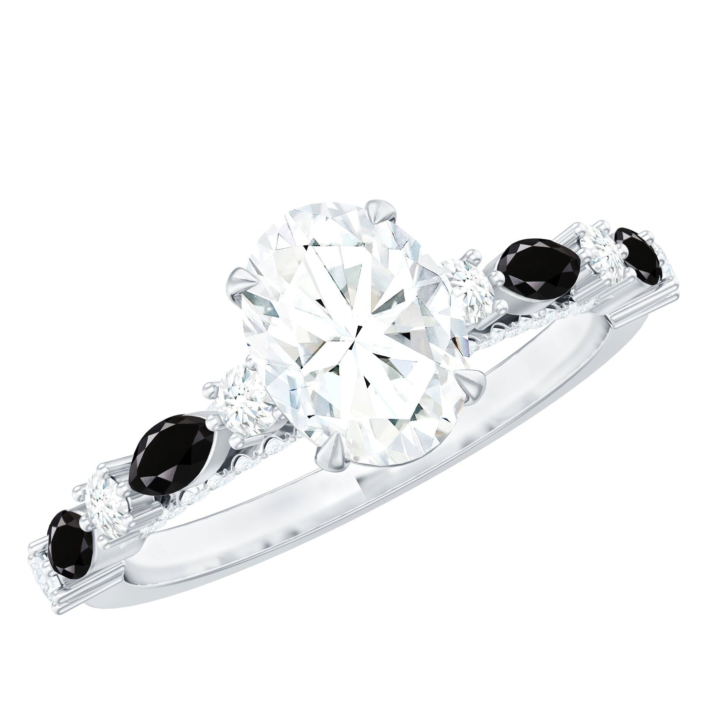 Certified Moissanite Oval Engagement Ring with Real Black Spinel