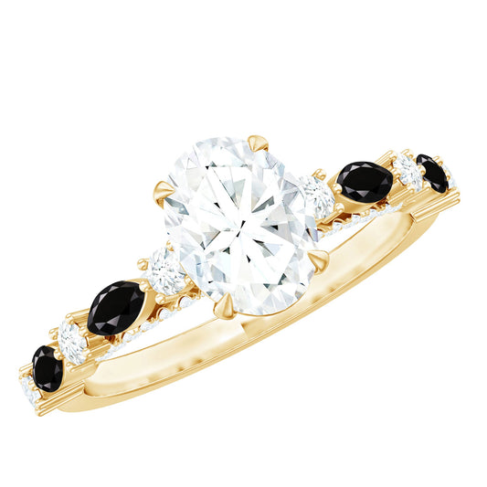 Certified Moissanite Oval Engagement Ring with Real Black Spinel